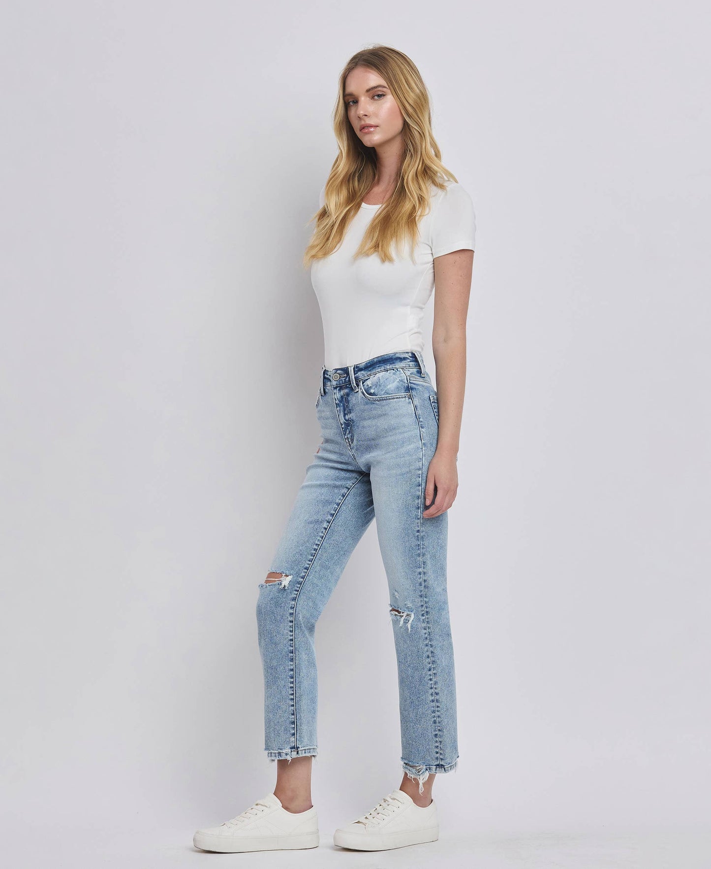 High Rise Distressed Straight Jeans