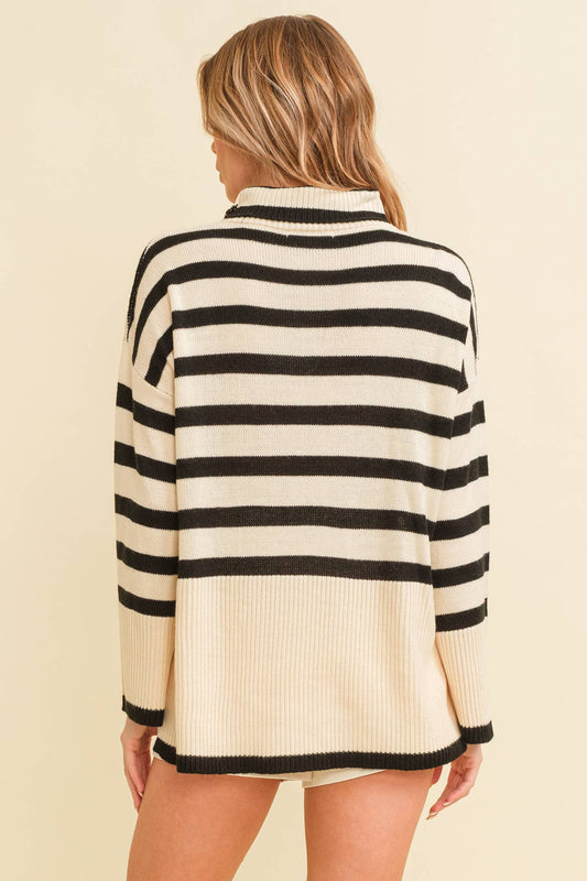STRIPED TURTLENECK SWEATER: Cream/Black