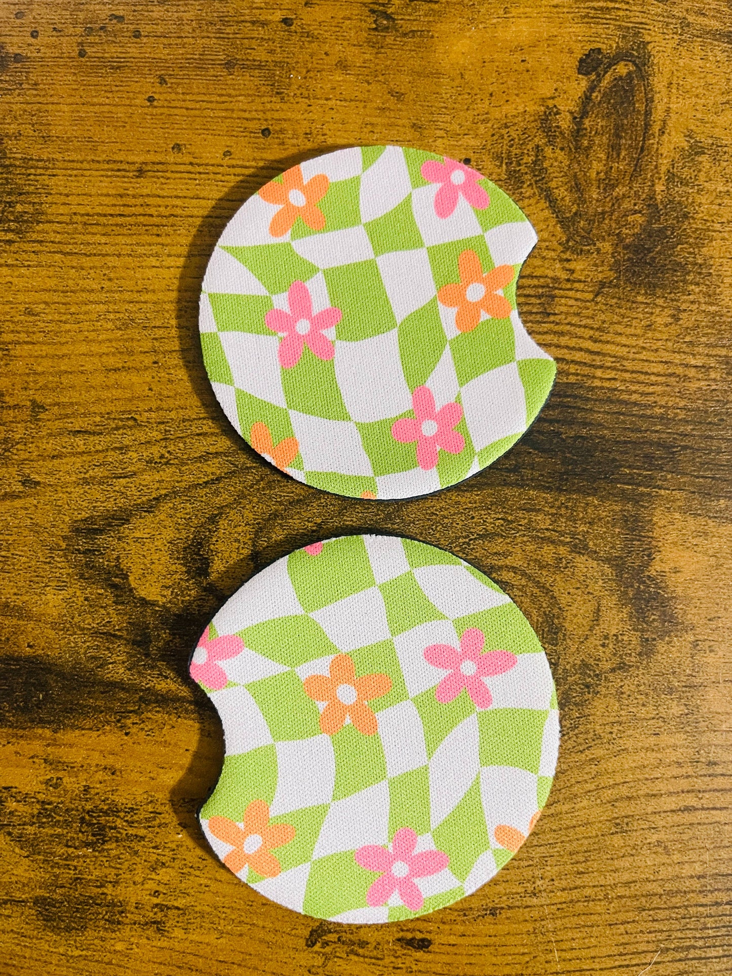 Car Coasters, Groovy Green Check and Pink Daisy Design
