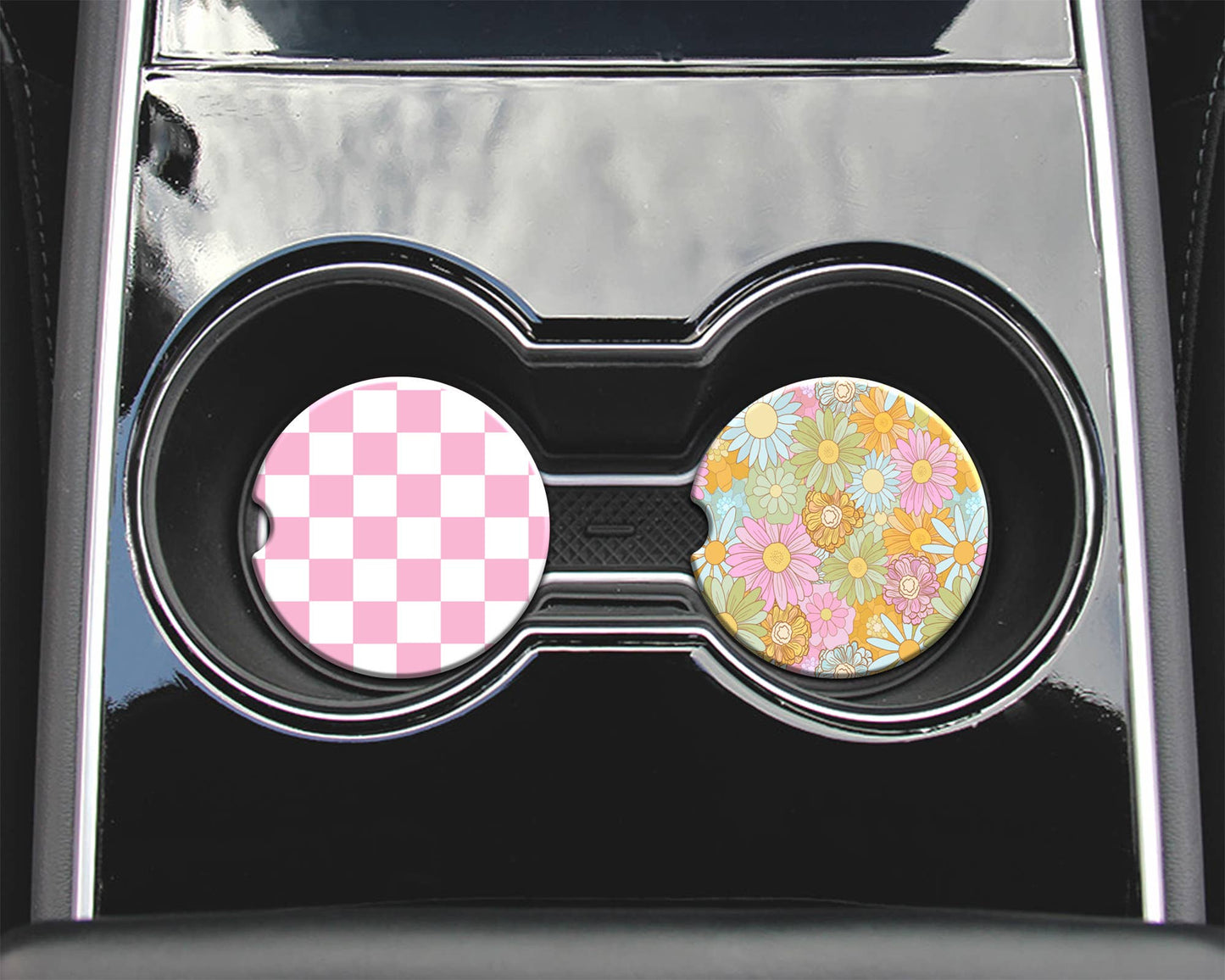 Car Coasters, Retro Floral and Pink Check