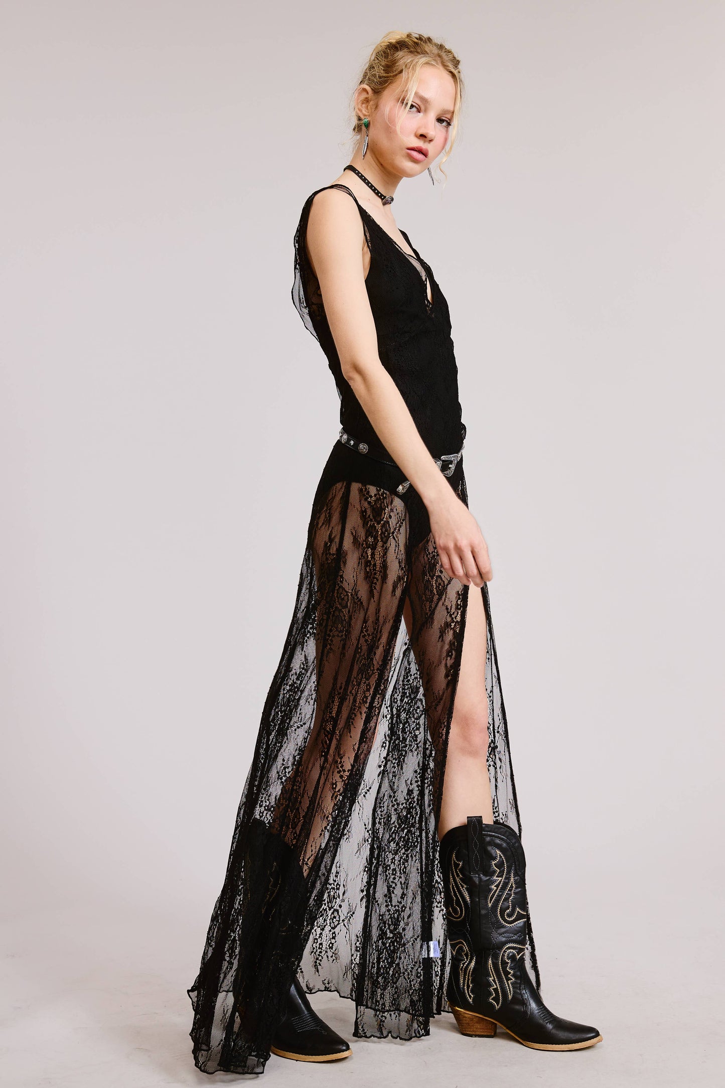 Womens Sheer Lace V-neck Bodysuit - Dress Combo