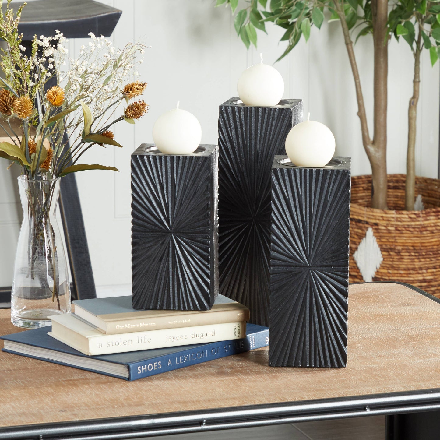 Wooden Carved Pillar Geometric Candle Holder