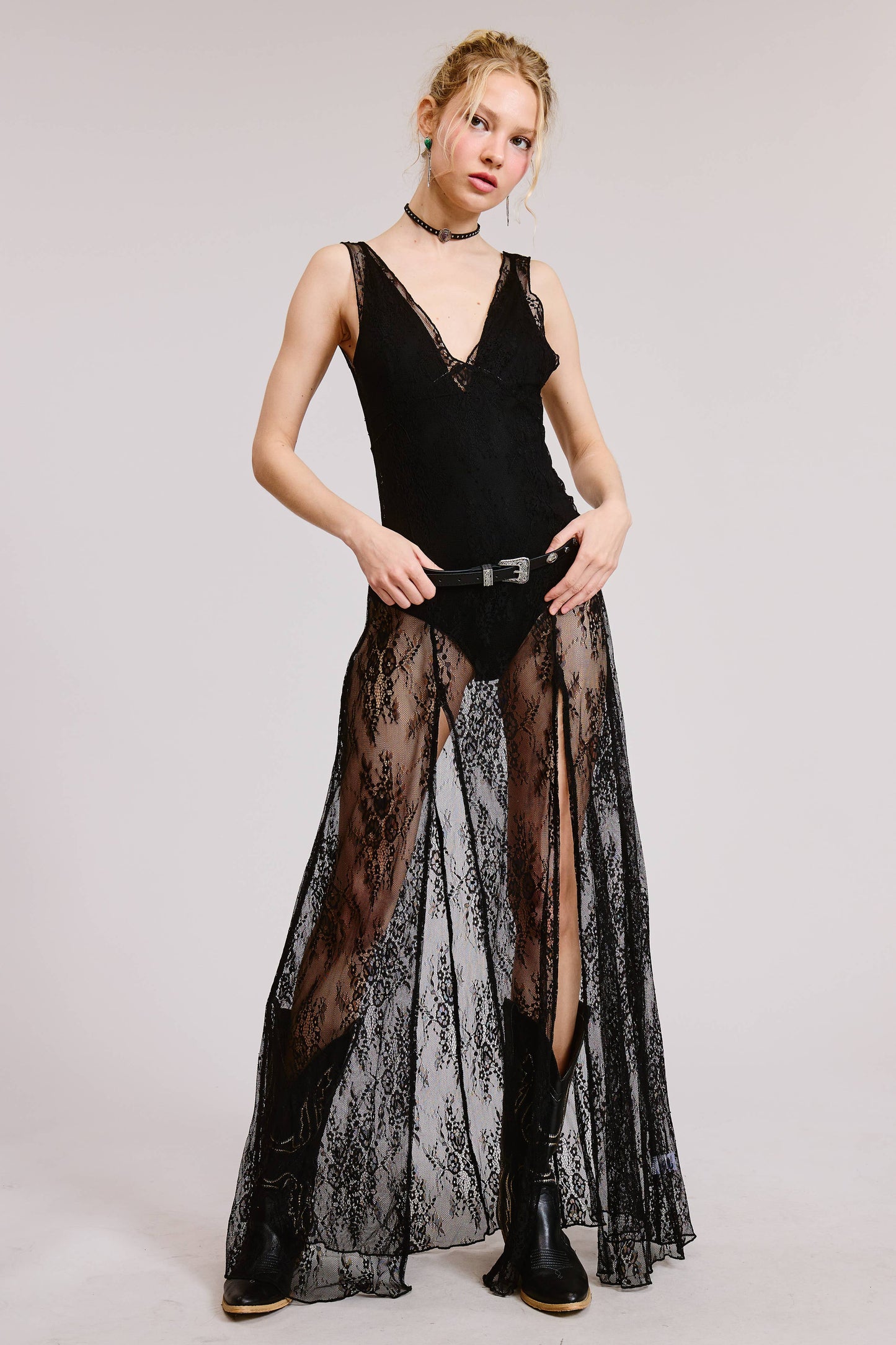 Womens Sheer Lace V-neck Bodysuit - Dress Combo