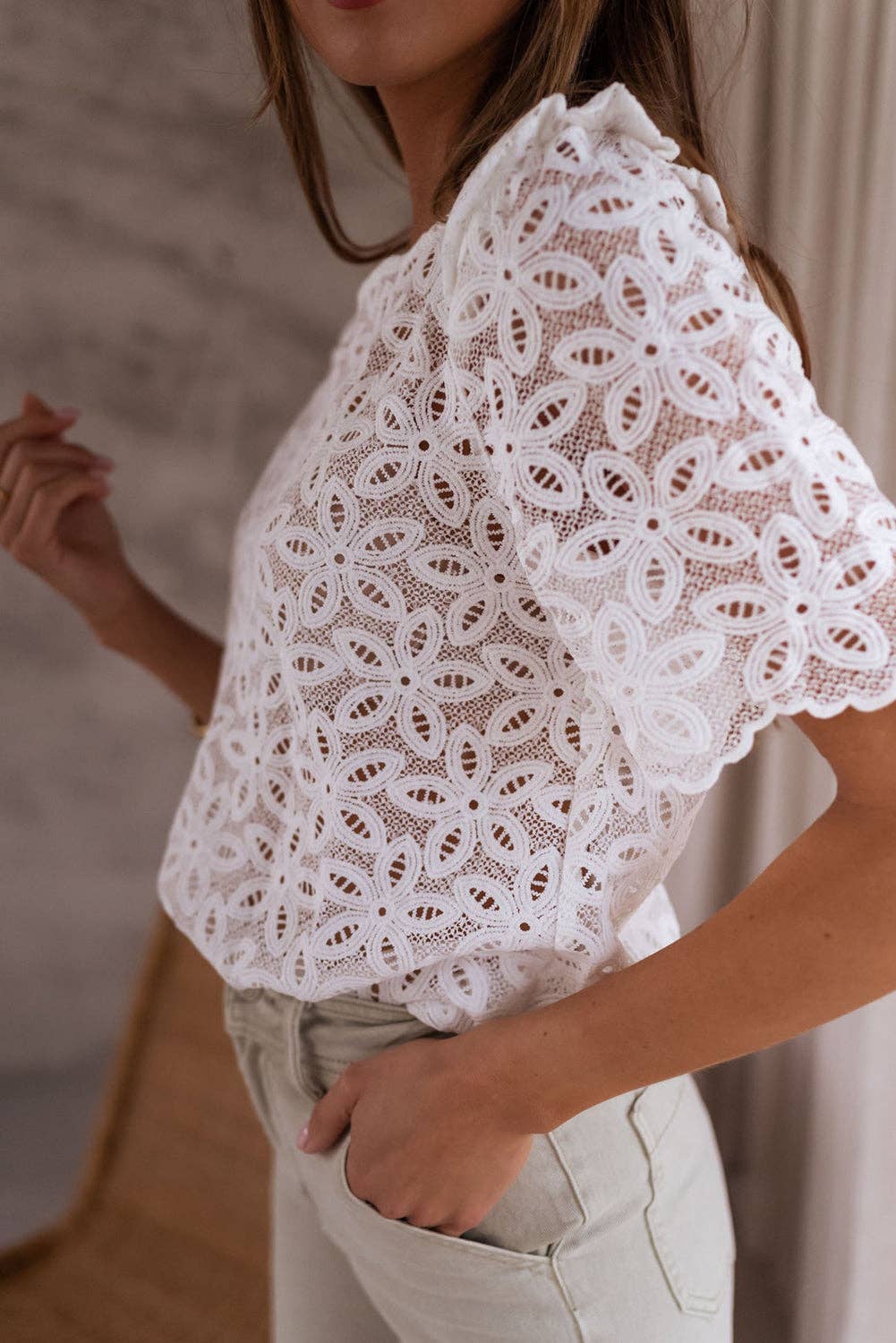 Flower Embroidery Hollowed Blouse