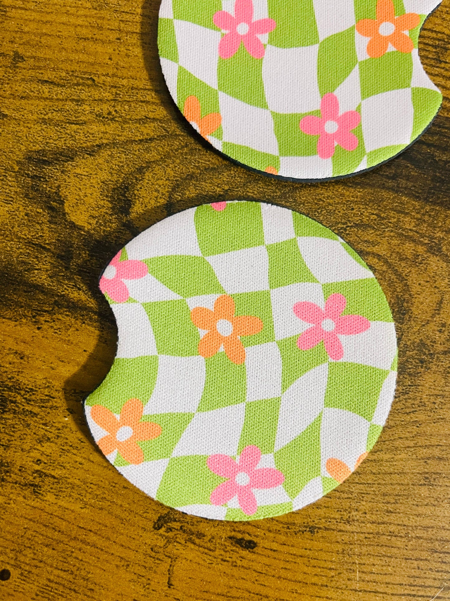 Car Coasters, Groovy Green Check and Pink Daisy Design