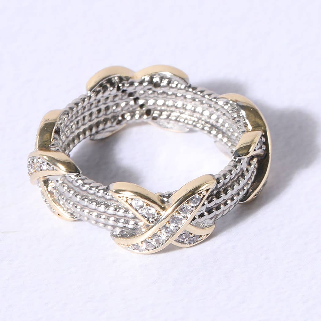 Cable Silver Gold CZ Stones Ring