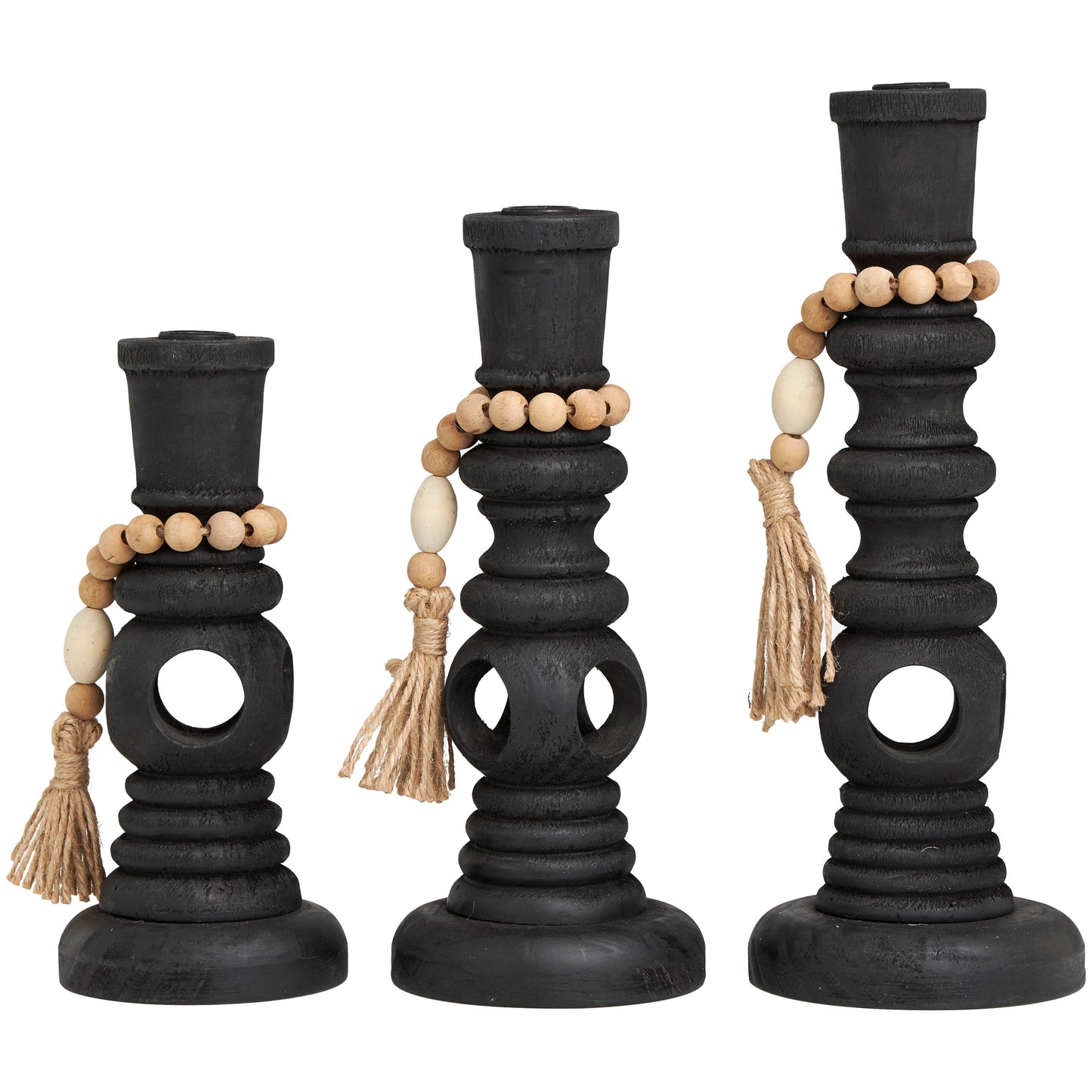 Black Wood Textured Candle Holders with Beads