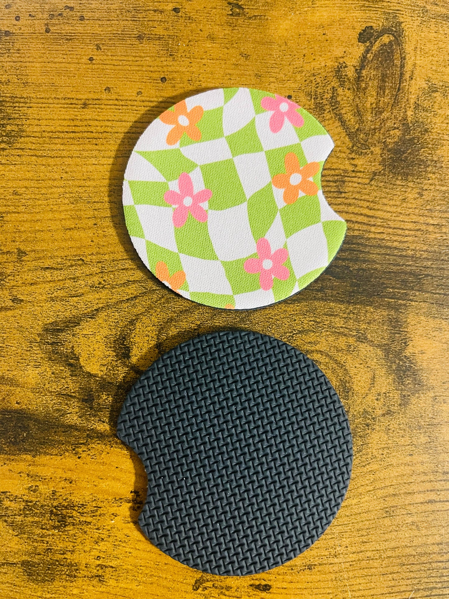 Car Coasters, Groovy Green Check and Pink Daisy Design