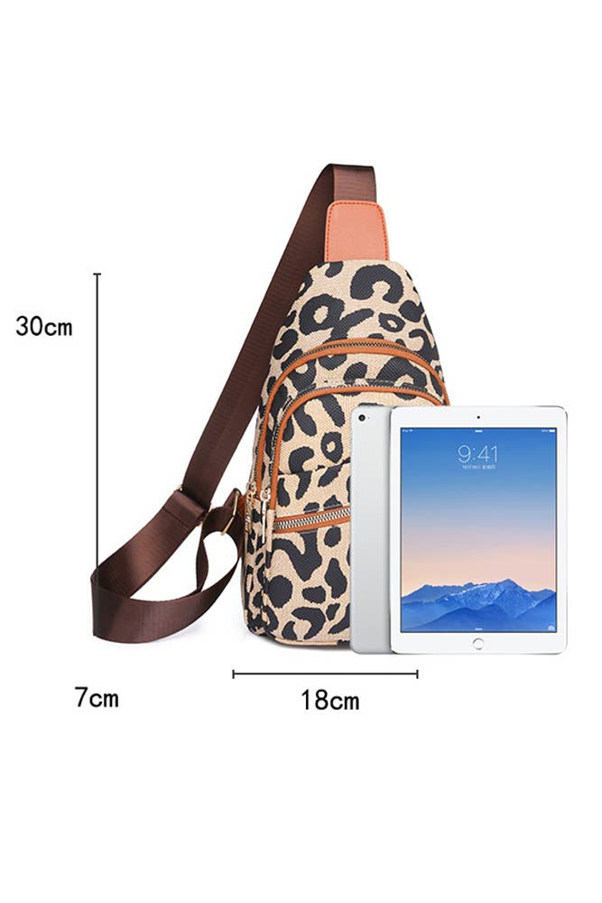 Leopard Print Twin Zipper Sling Crossbody Bag