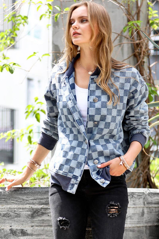 Checkered pattern washed denim bomber jacket