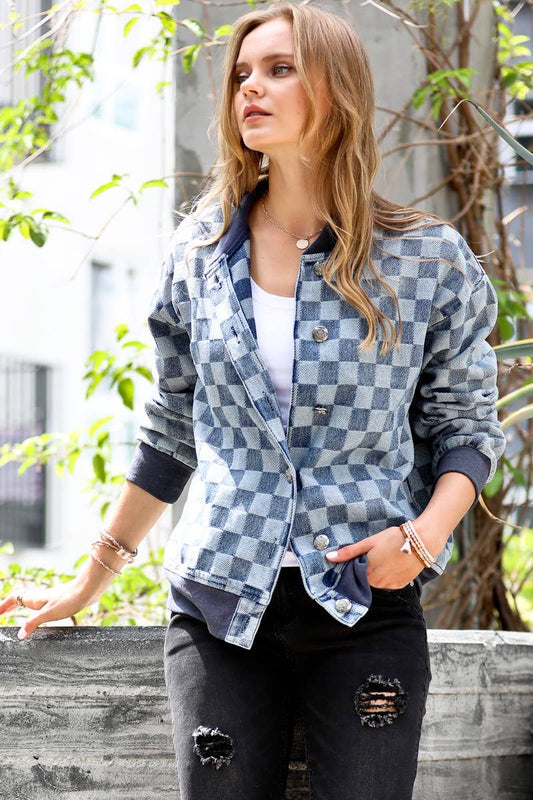 Checkered Denim Bomber Jacket