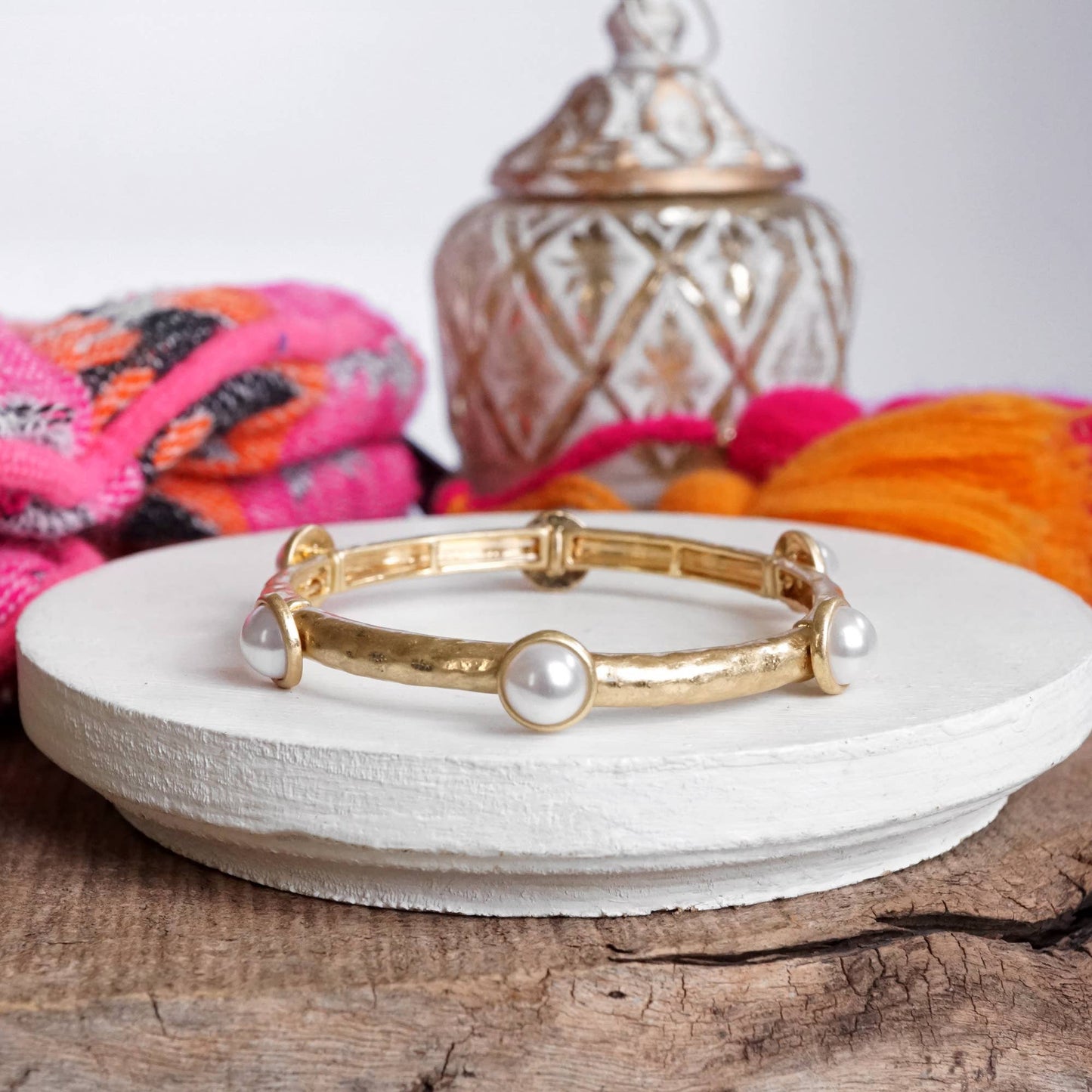 Jeweled Golden Bangle with semi precious stone dots: Pearl