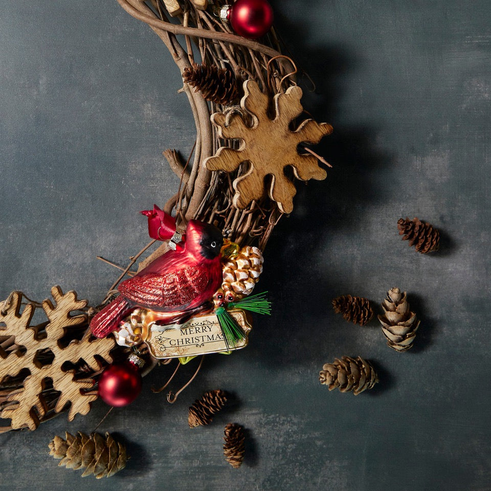 Blown Glass Cardinal Merry Christmas Ornament