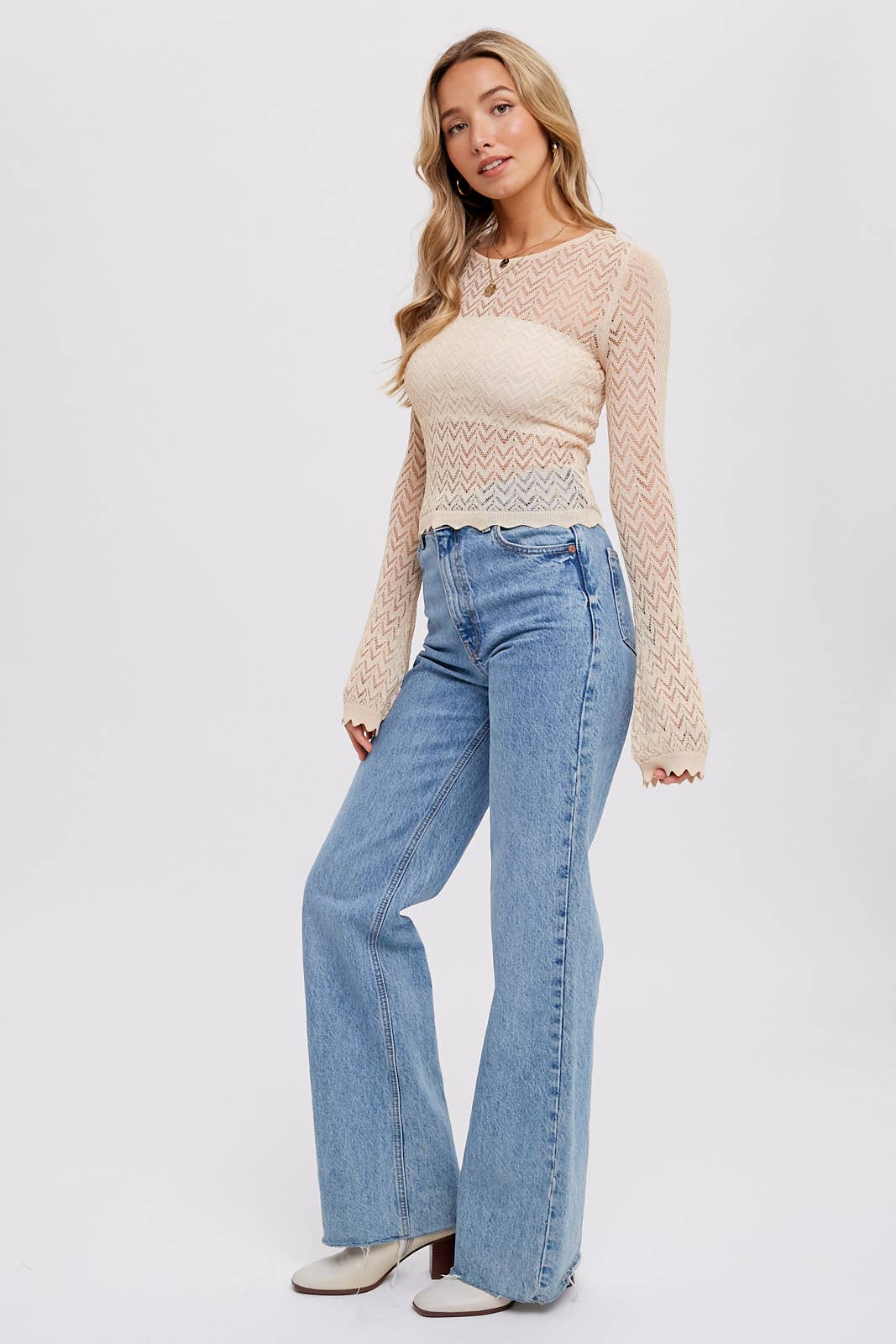 BELL SLEEVES POINTELLE PULLOVER