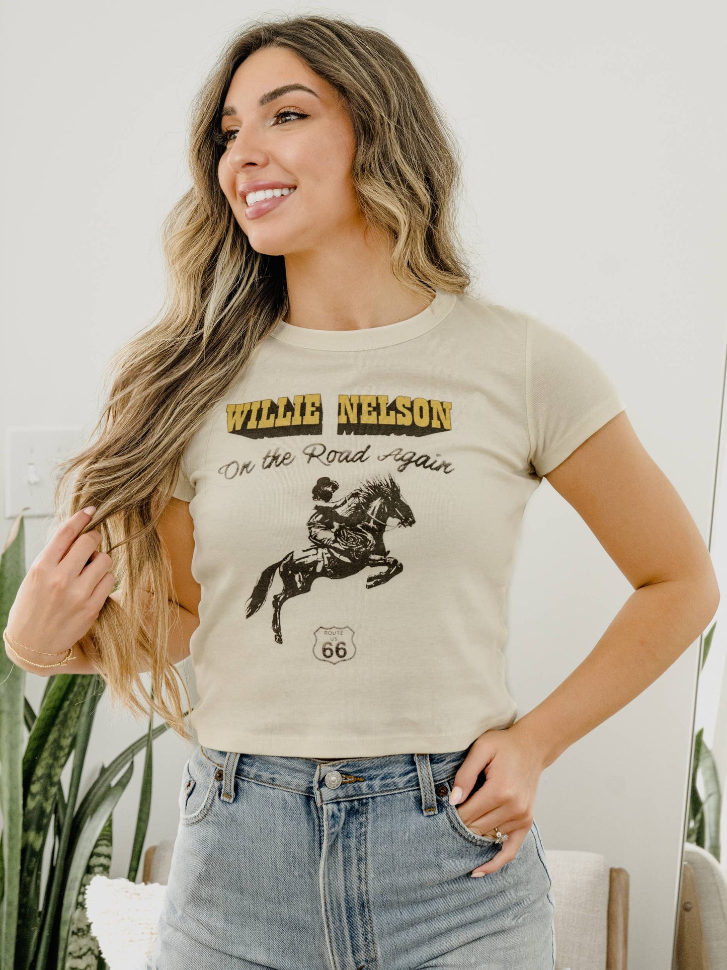 Willie Nelson Route 66 Off White Licensed Micro Cropped Tee