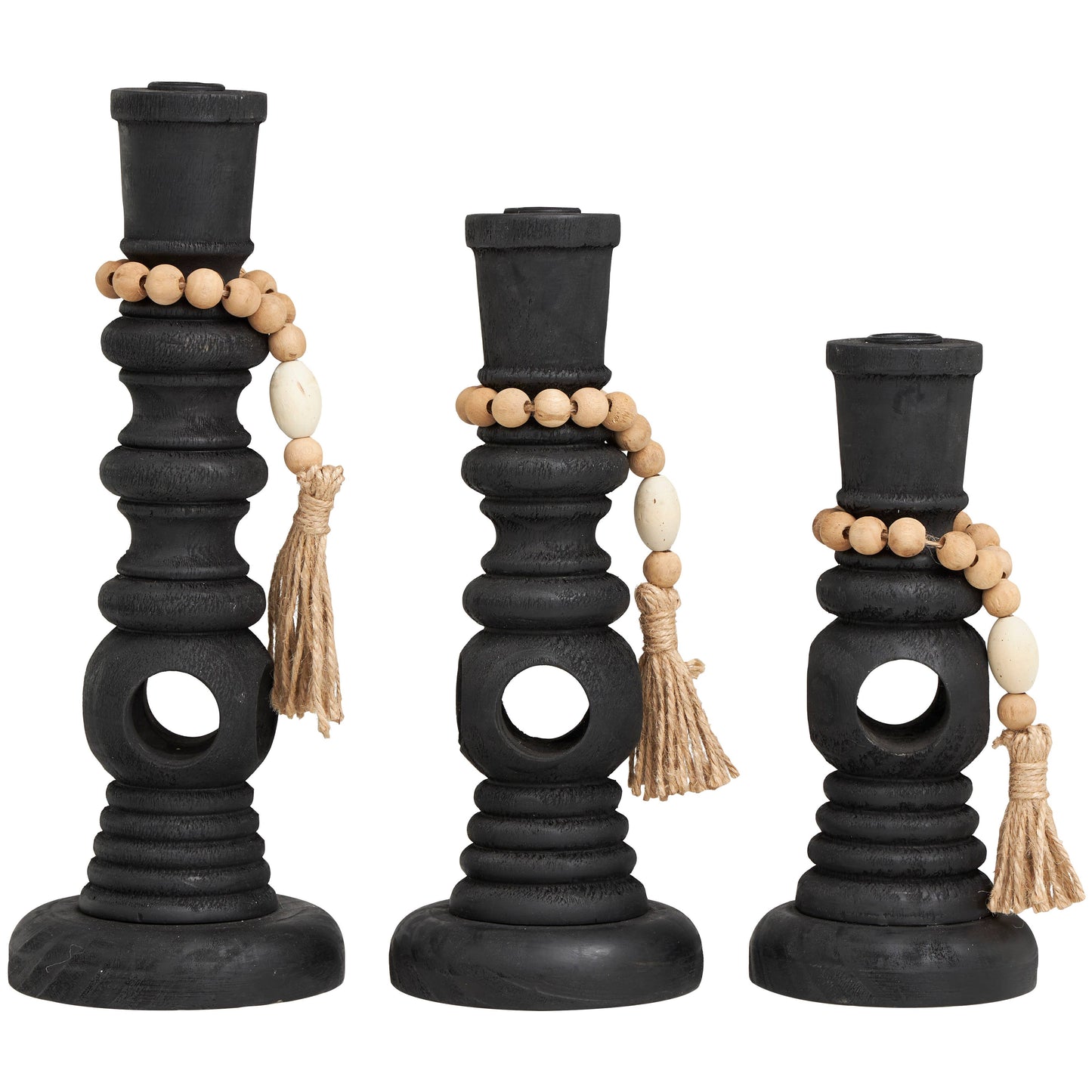 Black Wood Textured Candle Holders with Beads