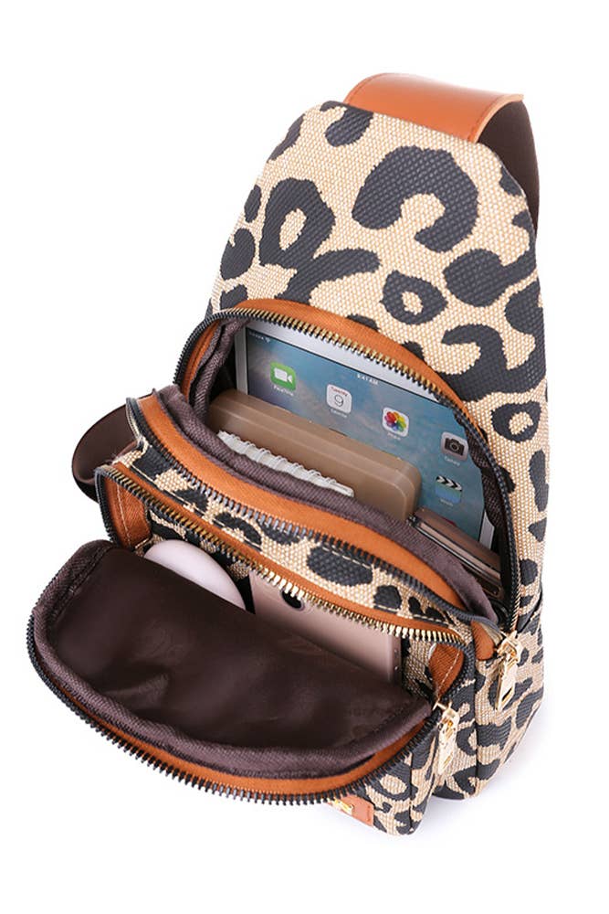 Leopard Print Twin Zipper Sling Crossbody Bag