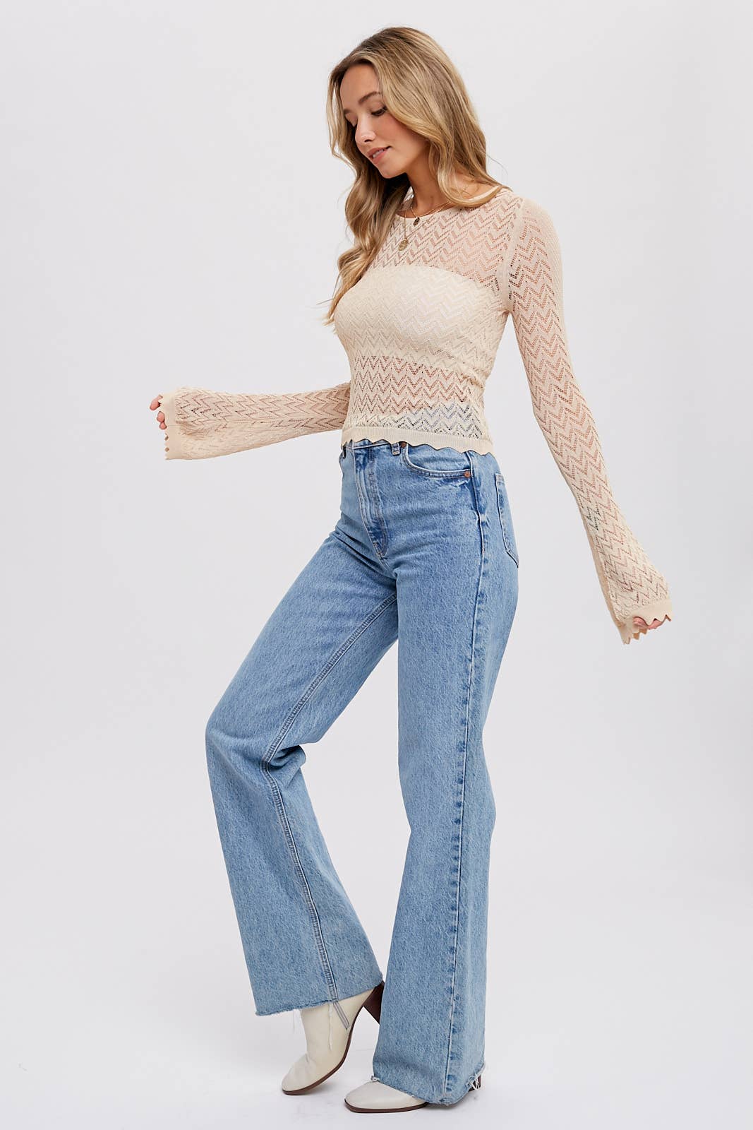 BELL SLEEVES POINTELLE PULLOVER