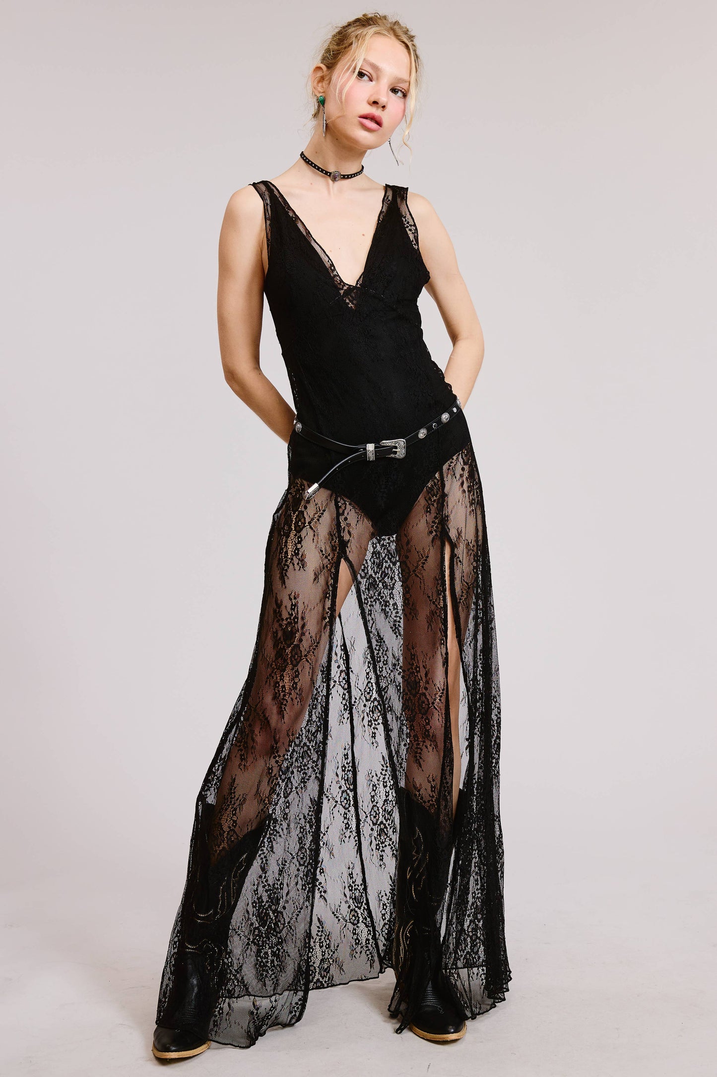 Womens Sheer Lace V-neck Bodysuit - Dress Combo
