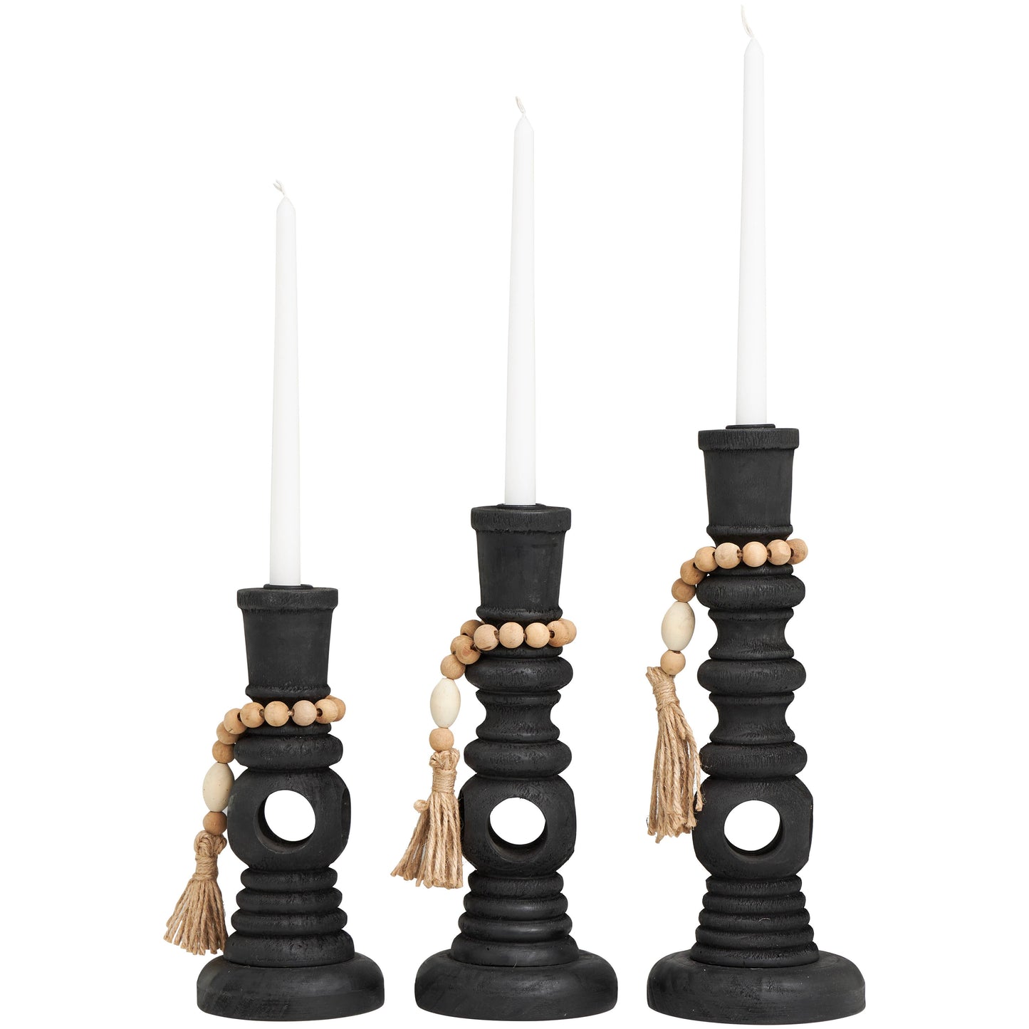 Black Wood Textured Candle Holders with Beads