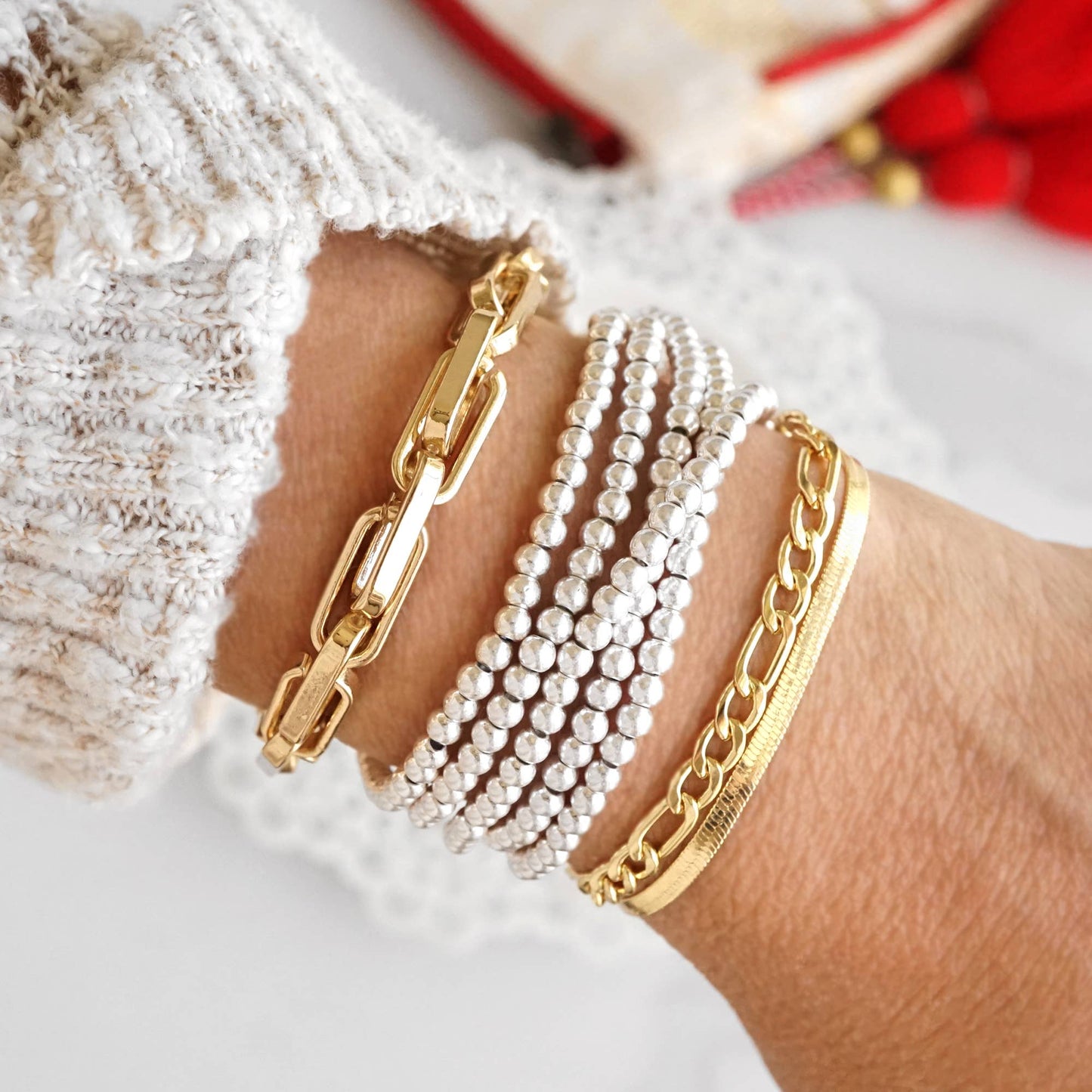 Small ball beads bracelet stack of 5 bracelets - Silver