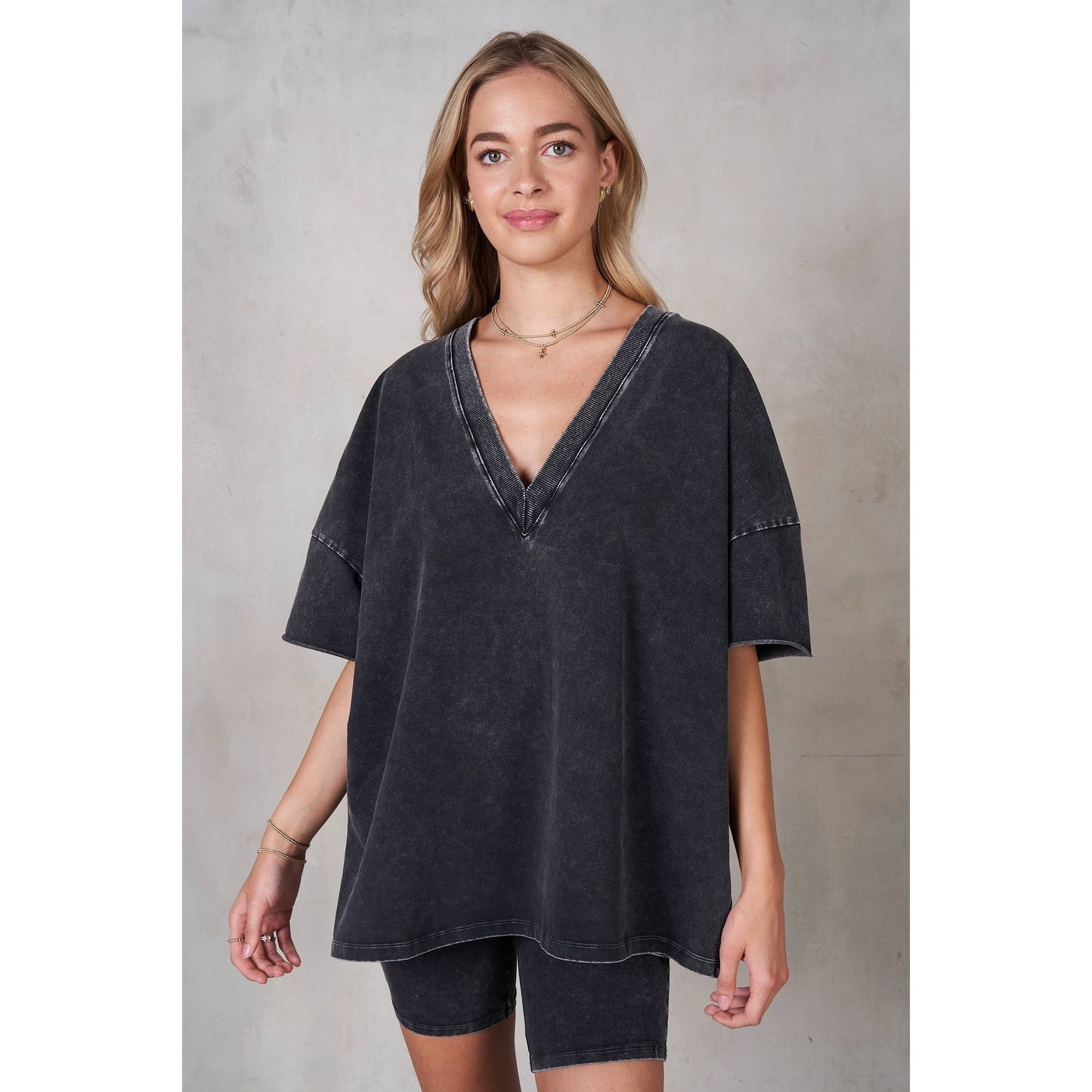 Mineral Washed V-Neck Drop Shoulder Boxy T-Shirt