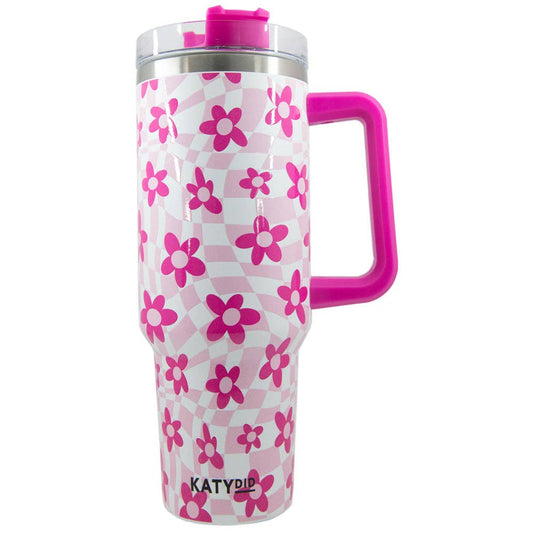 40 oz Tumbler w/ Handle: Pink Flower w/ Groovy Checkers