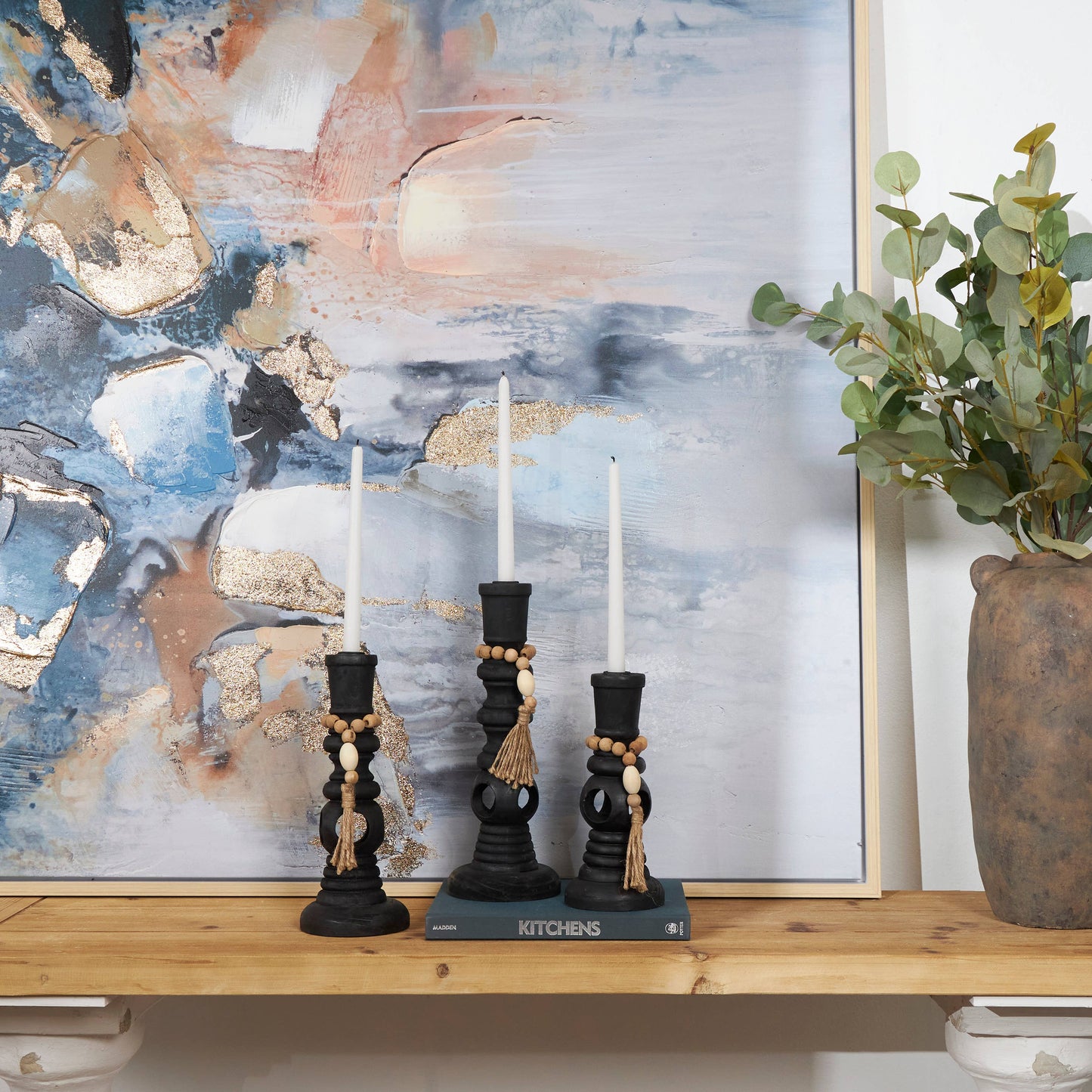 Black Wood Textured Candle Holders with Beads