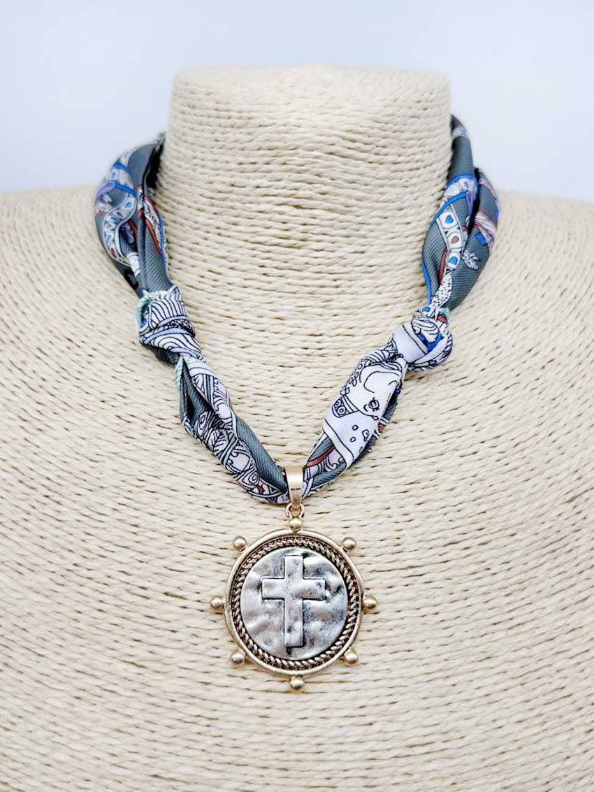 Grey and Navys with Cross Coin Knotted Scarf Neckalce