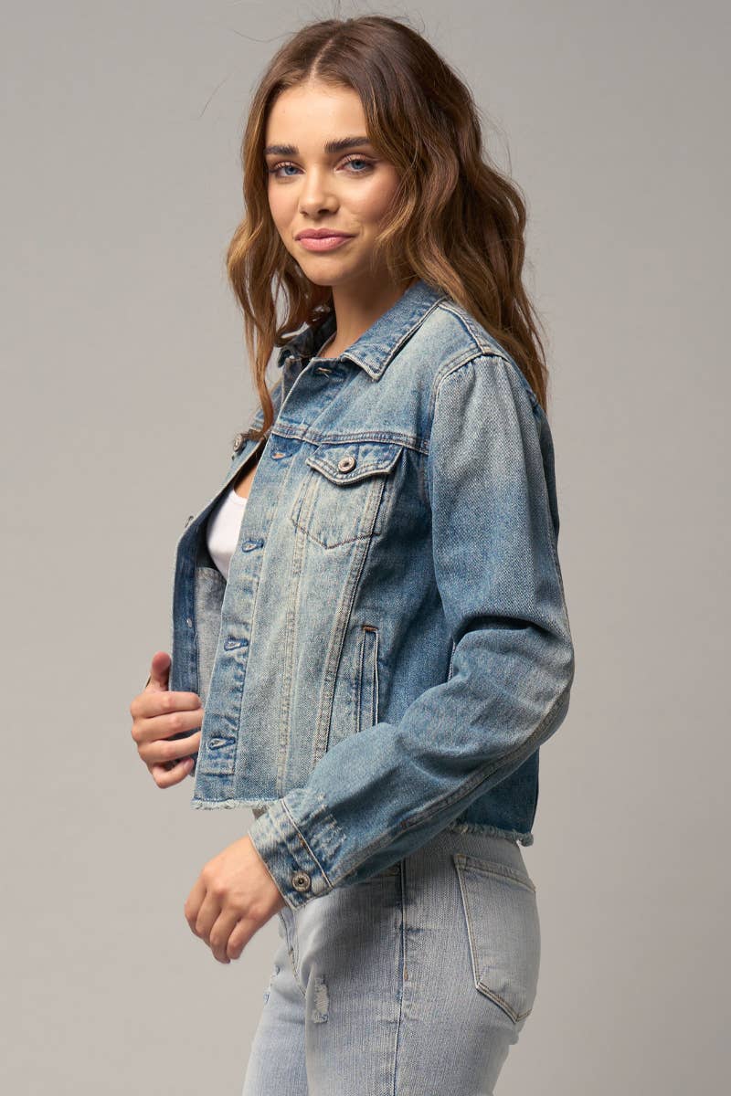 Flap Pockets Raw Hem Denim Jacket