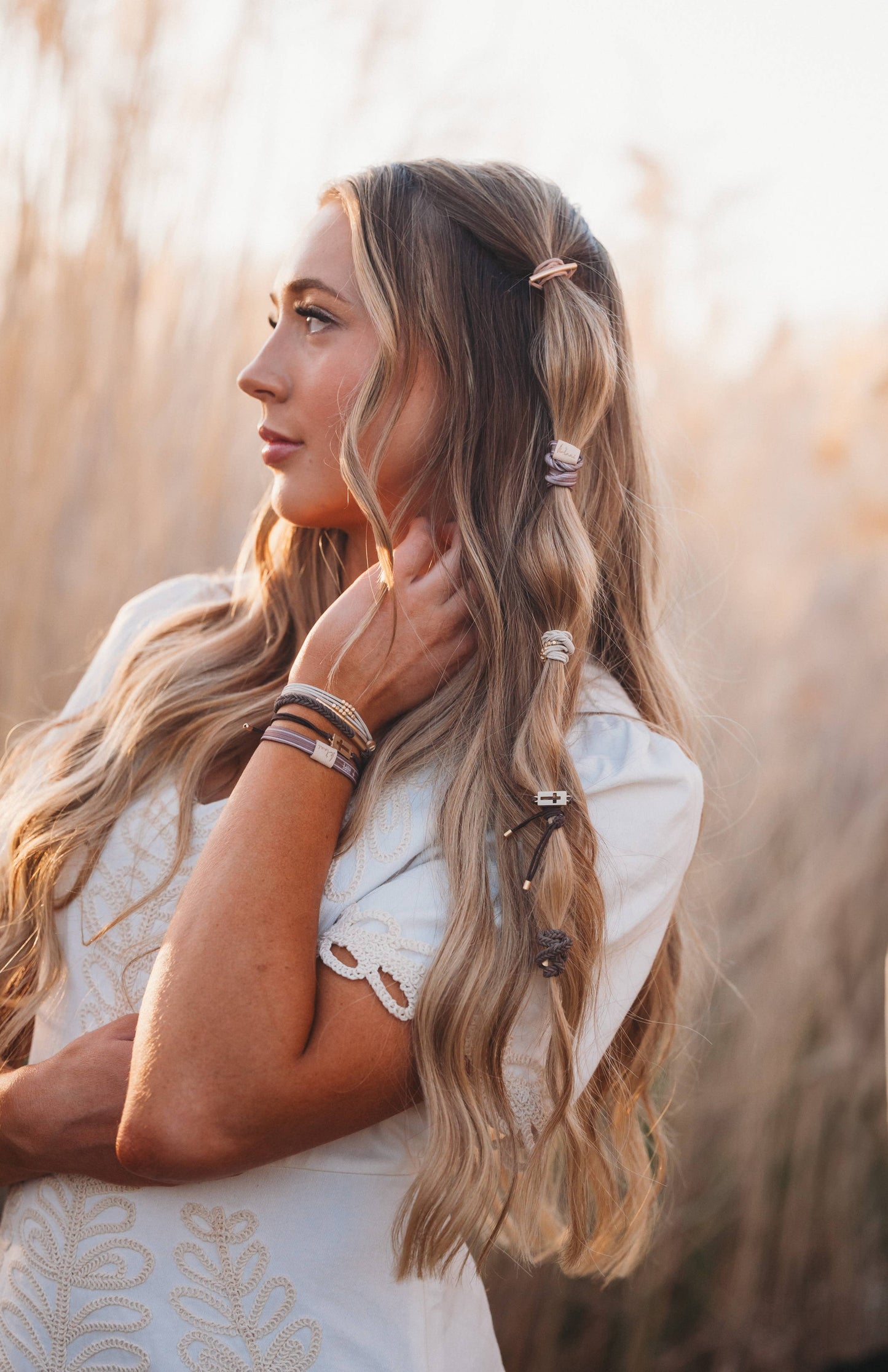 "Faith" Gold Cross Hair Tie Bracelet Set: Medium