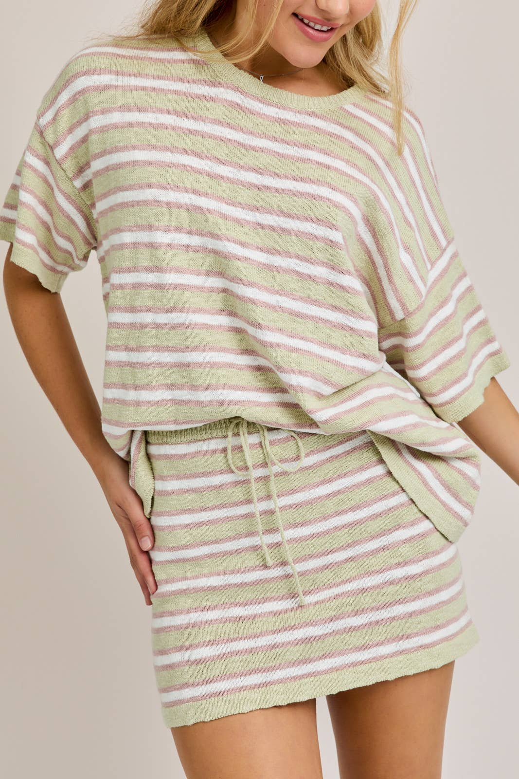 CREW NECK STRIPED OVERSIZED SWEATER TOP WITH MINI SKIRT