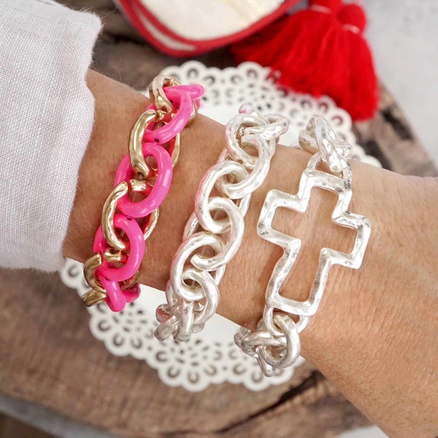 Chunky Chain Cross Bracelet Worn Silver