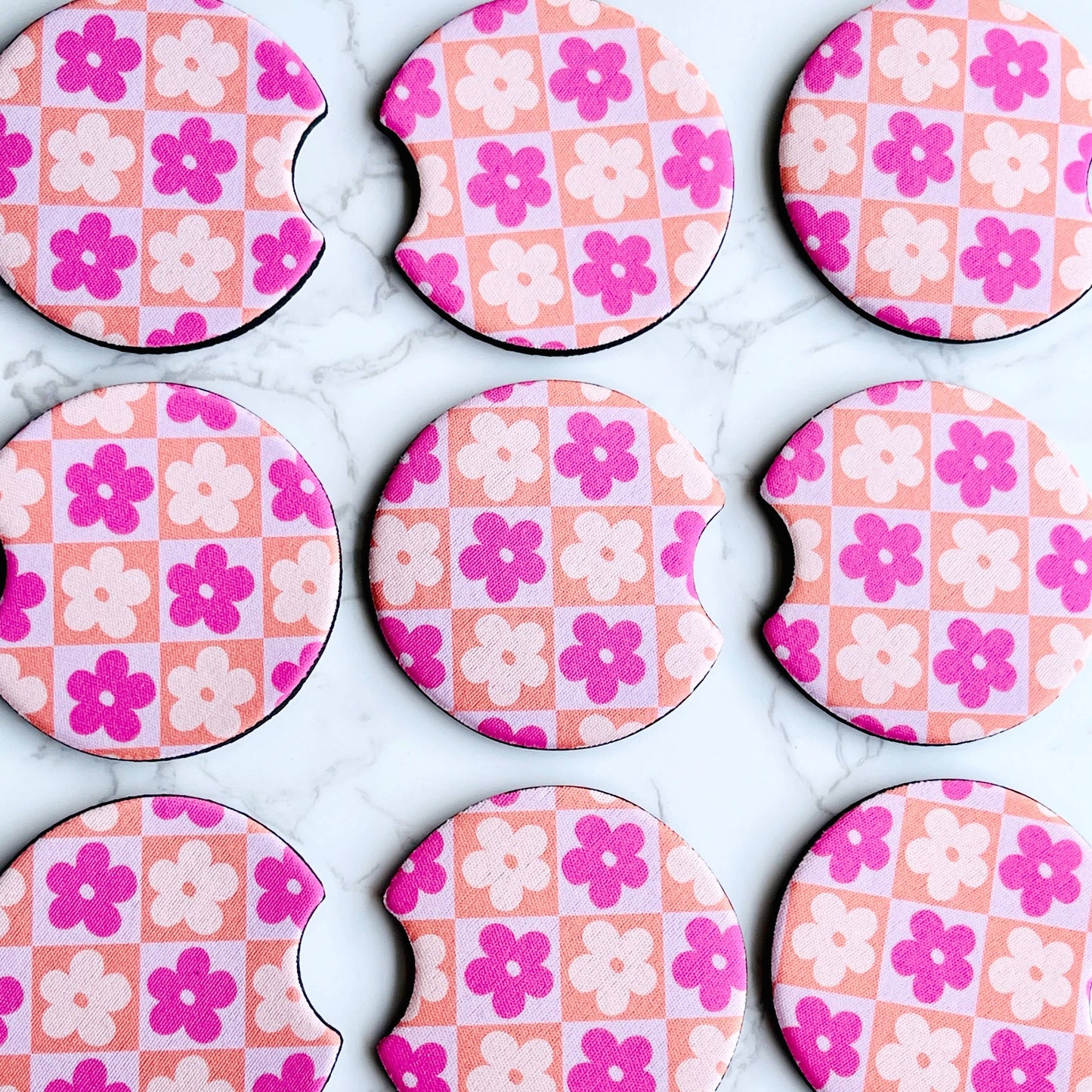 Car Coasters, Pink and Orange Checkered Daisy Design