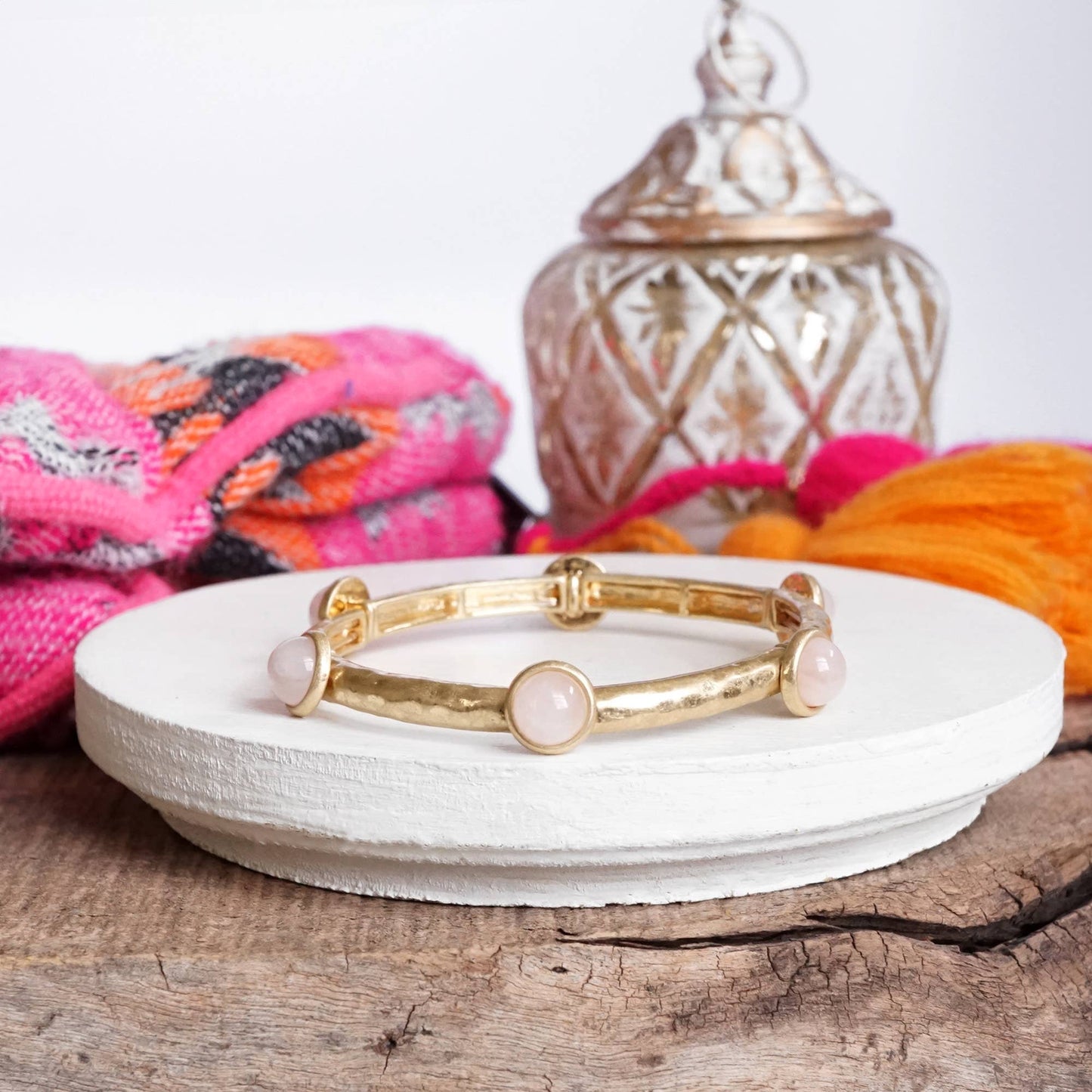 Jeweled Golden Bangle with semi precious stone dots: Pearl