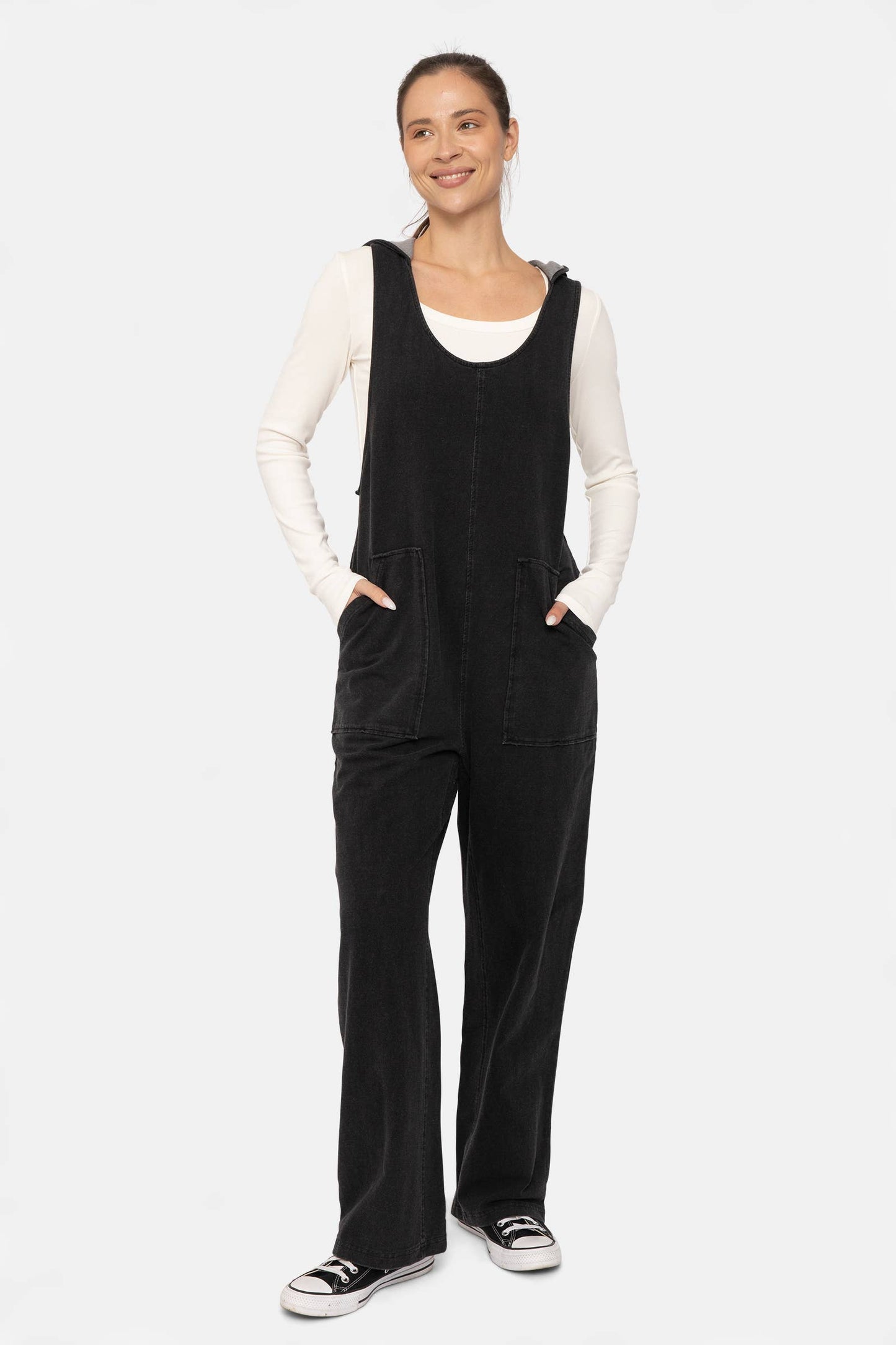 Cotton Blend Hooded Overalls: Black