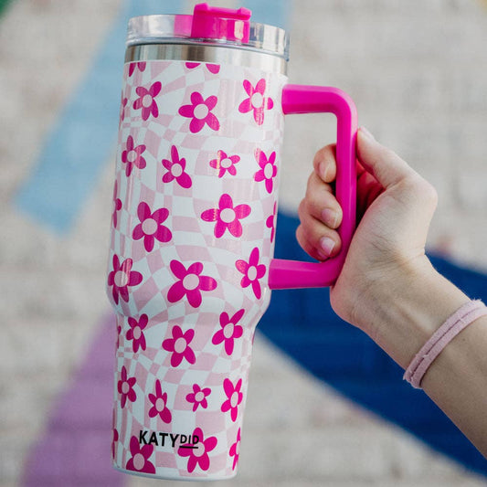 40 oz Tumbler w/ Handle: Pink Flower w/ Groovy Checkers