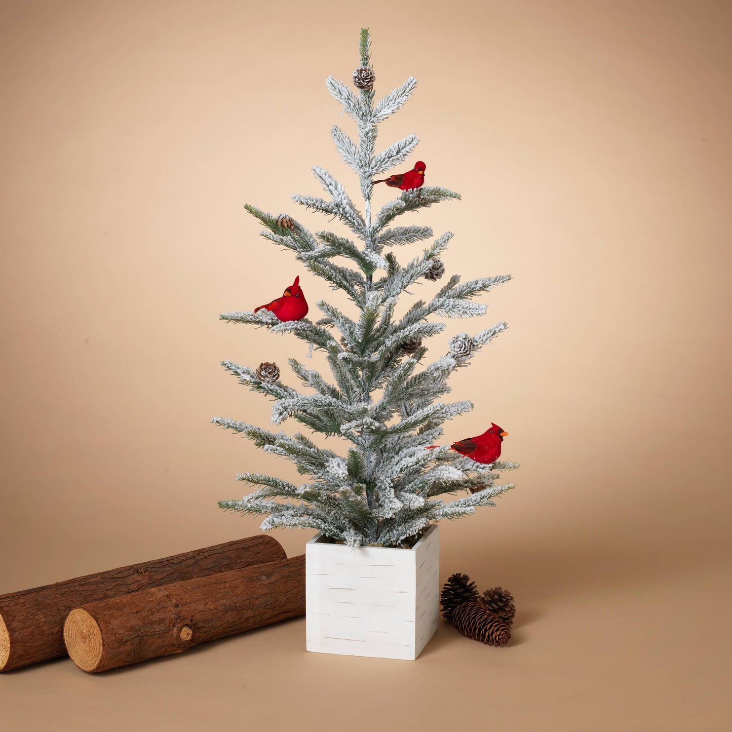 Cardinal Flocked Tree in Wood Box