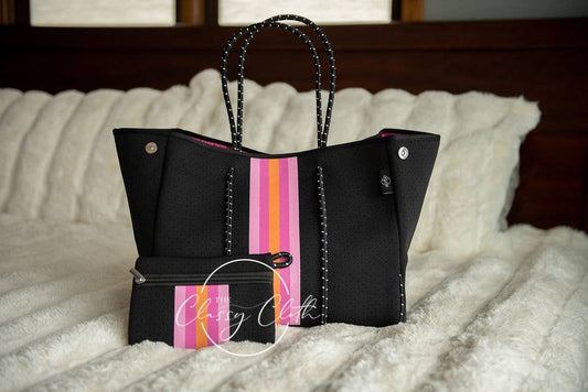 Beach Bag - Black w/ Hot Pink & Orange Stripe