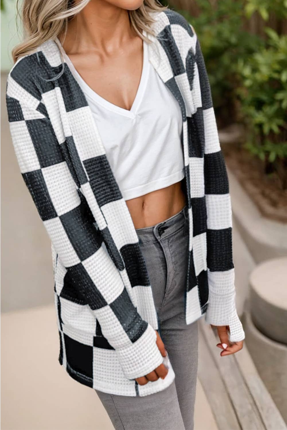 Checkered Pattern Open Front Knit  Cardigan