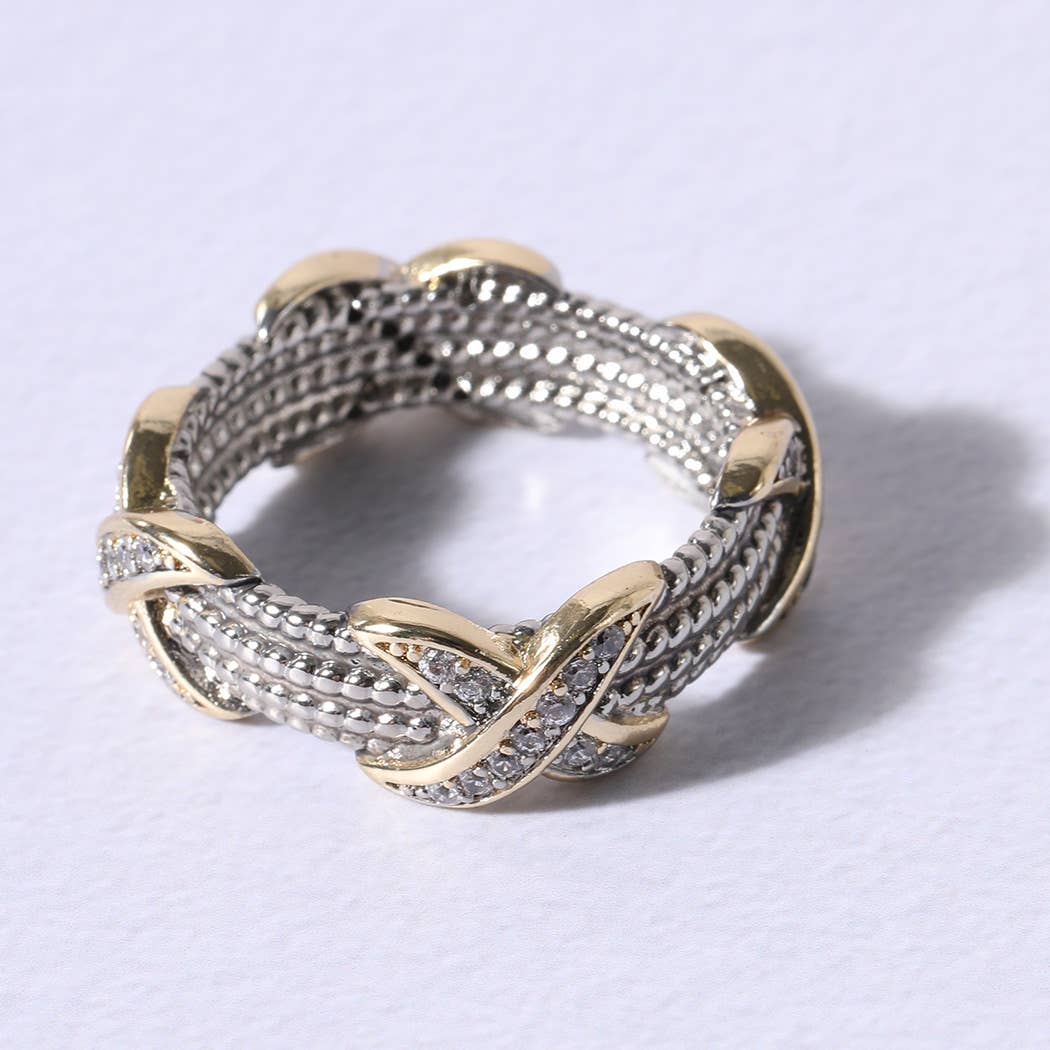 Cable Silver Gold CZ Stones Ring