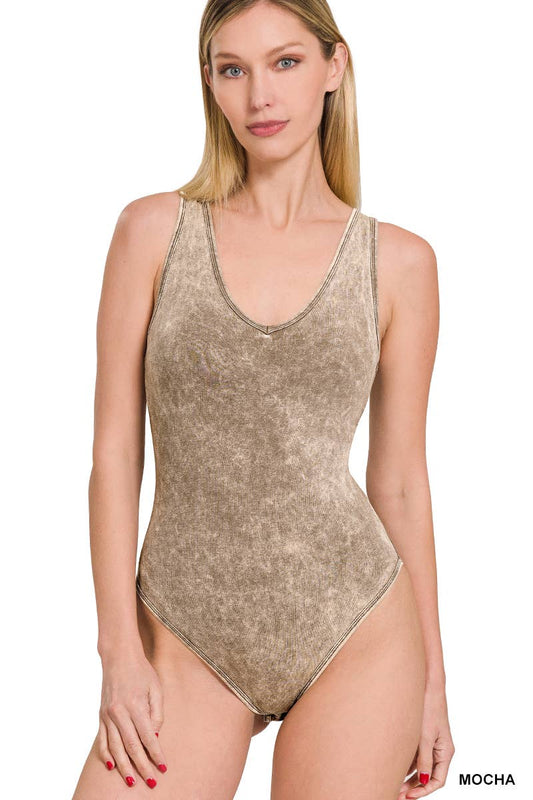Mocha Washed Cotton Bodysuit w/ snap button closure