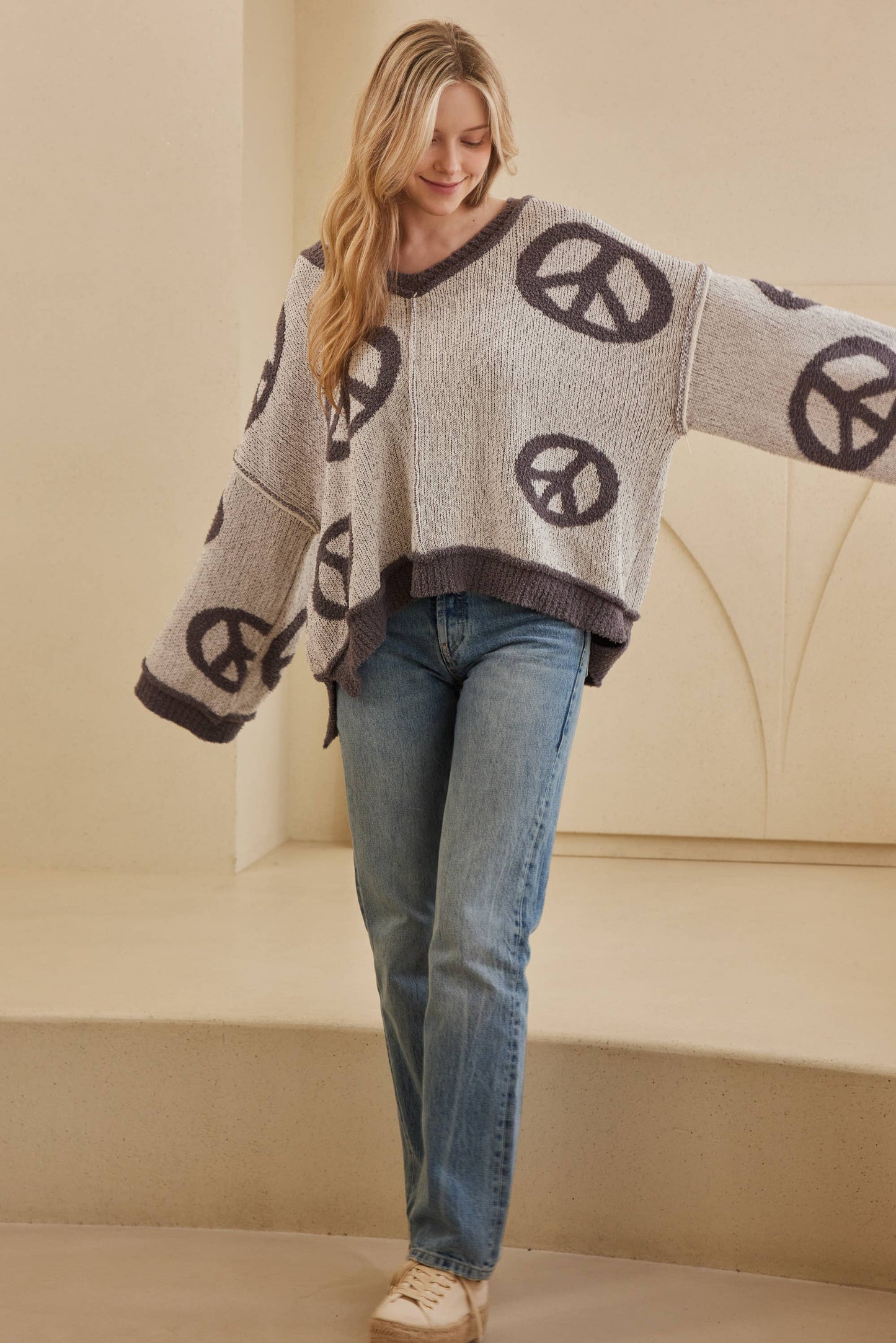 V Neck Peace Embroidered Sweater