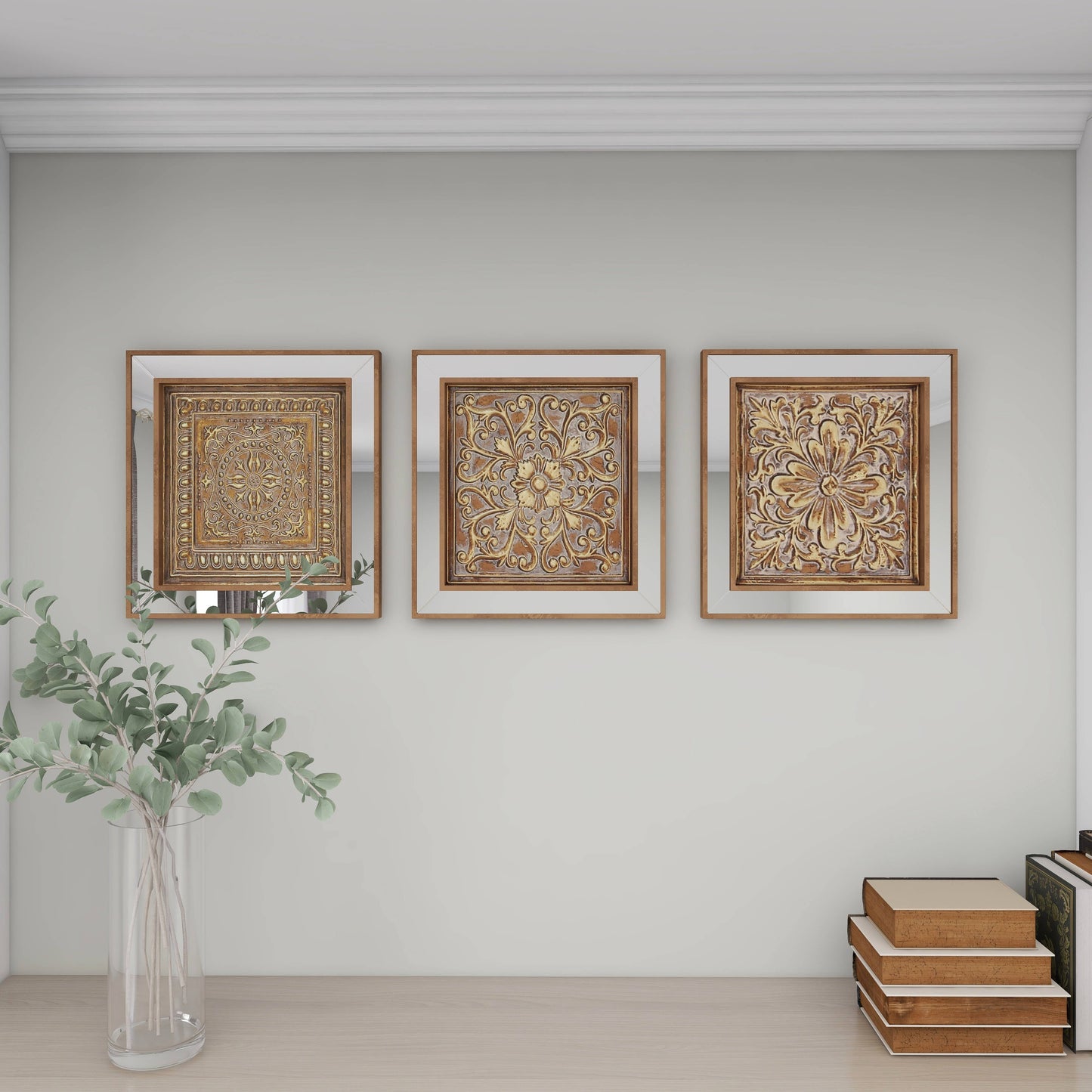 Gold Metal Embossed Floral Mirror Wall Decor