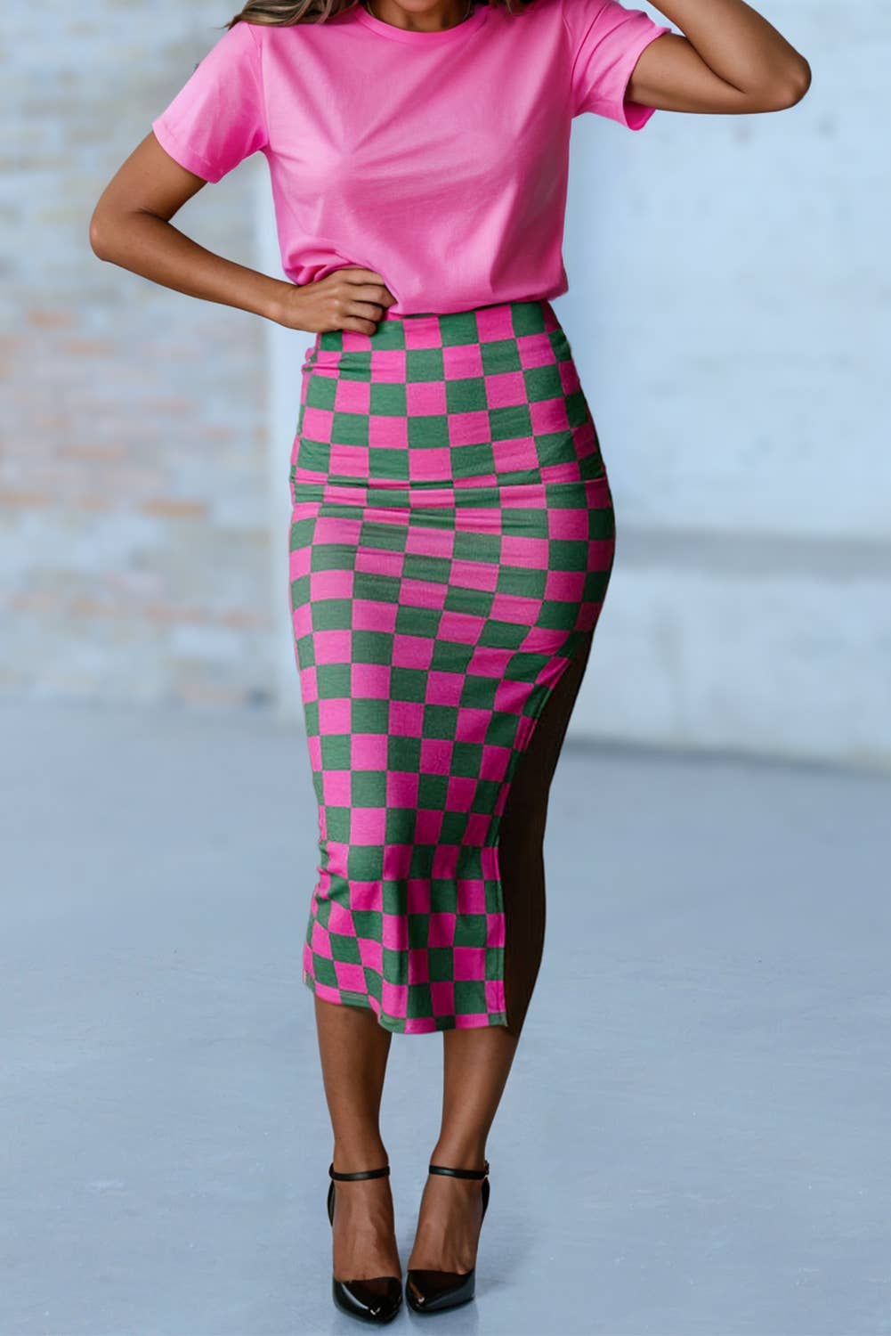 Checkered Print Side Slit High Waist Midi Skirt