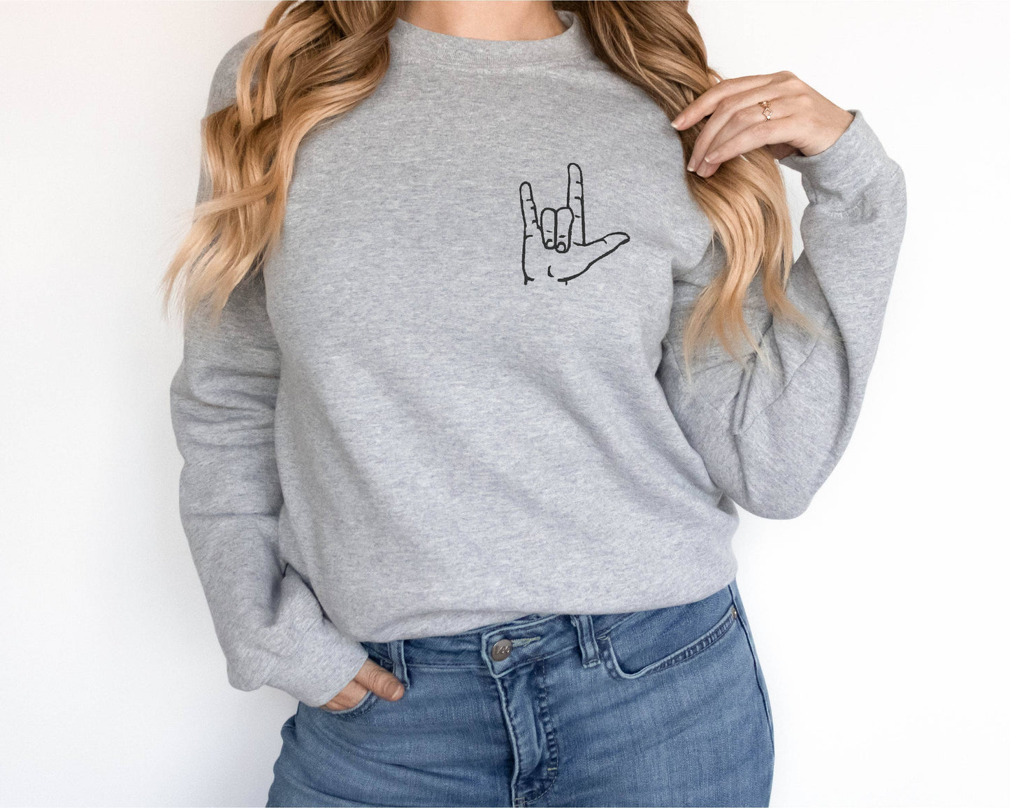 EMBROIDERED Love Sign Language Valentine's Day Sweater: White / Large