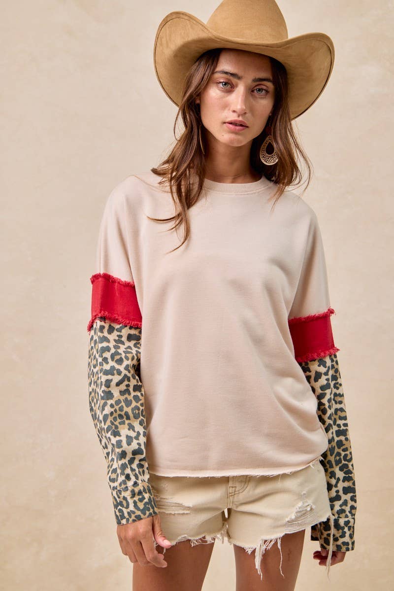 French Terry With Leopard Sleeves Top