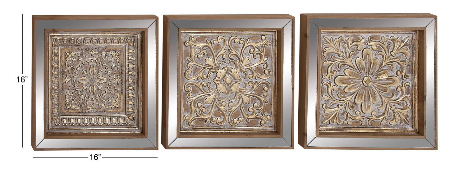 Gold Metal Embossed Floral Mirror Wall Decor