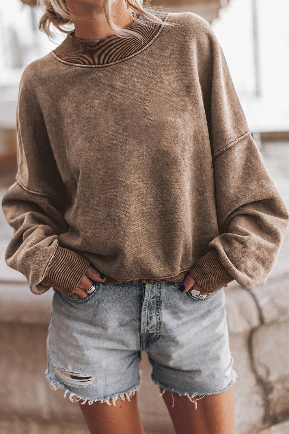 Acid Washed Drop Shoulder Crewneck Sweatshirt