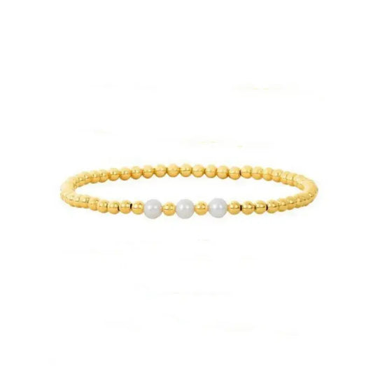 18K Gold Plated Copper Pearl and Gold Beaded Ball Bracelet: